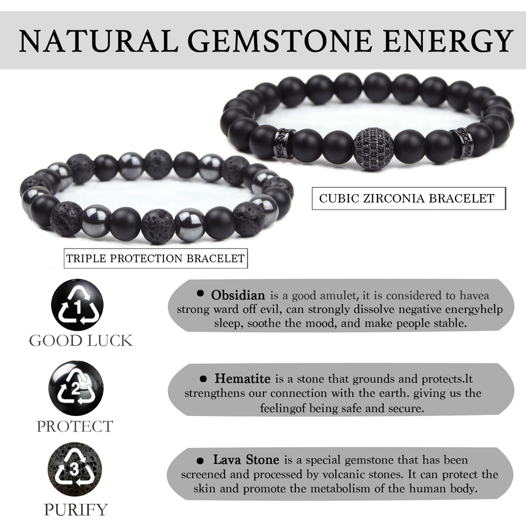 Black Obsidian Bracelet for Men - Black Tourmaline Beaded Bracelets - Mens Bracelet Set 8MM Black Onyx Hematite Lava Stone Beads Triple Protection Bracelet for Men Women Gifts