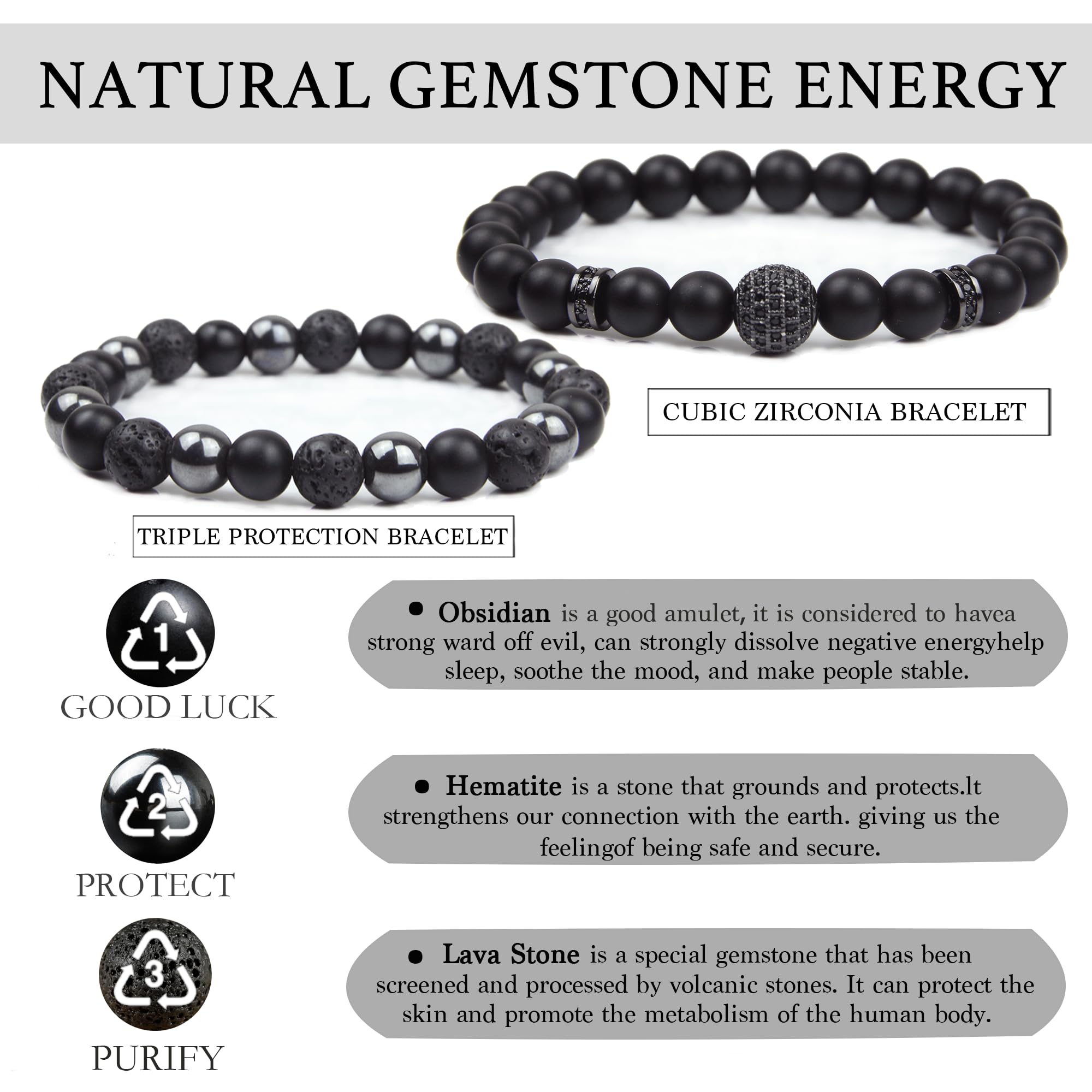 Black Obsidian Bracelet for Men - Black Tourmaline Beaded Bracelets - Mens Bracelet Set 8MM Black Onyx Hematite Lava Stone Beads Triple Protection Bracelet for Men Women Gifts