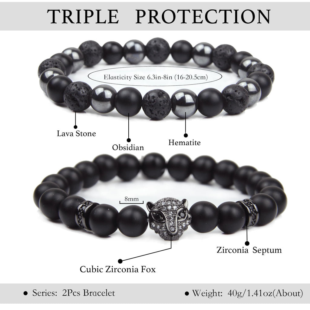 Black Obsidian Bracelet for Men - Black Tourmaline Beaded Bracelets - Mens Bracelet Set 8MM Black Onyx Hematite Lava Stone Beads Triple Protection Bracelet for Men Women Gifts