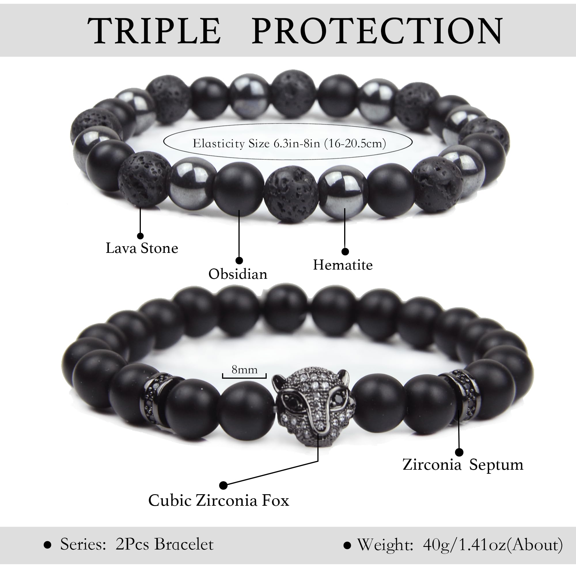 Black Obsidian Bracelet for Men - Black Tourmaline Beaded Bracelets - Mens Bracelet Set 8MM Black Onyx Hematite Lava Stone Beads Triple Protection Bracelet for Men Women Gifts