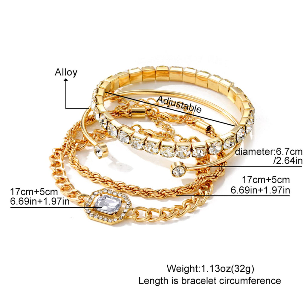 4 Pcs Dainty Gold Silver Bracelets Set for Women 14K Plated Link Cubic Zirconia Paperclip Stake Layering Chain Adjustable Trendy Hand Jewelry