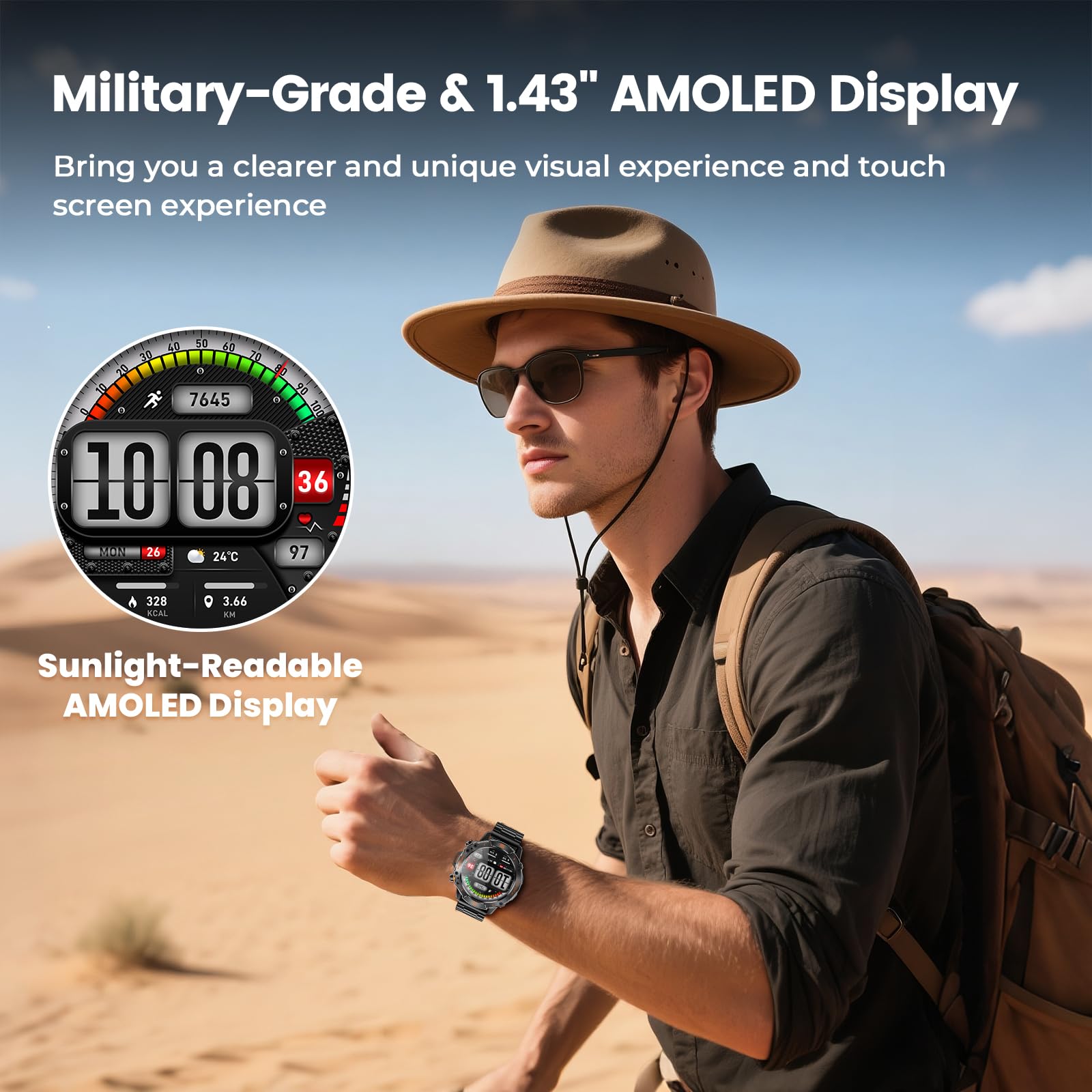 WalkerFit Smart Watch for Men, 1.43" Round AMOLED, 5ATM Waterproof, Heart Rate & Sleep Monitor,Long Battery,Outdoor Fitness Activity Tracker,Voice Control&Bluetooth Call,Compatible with iPhone Android