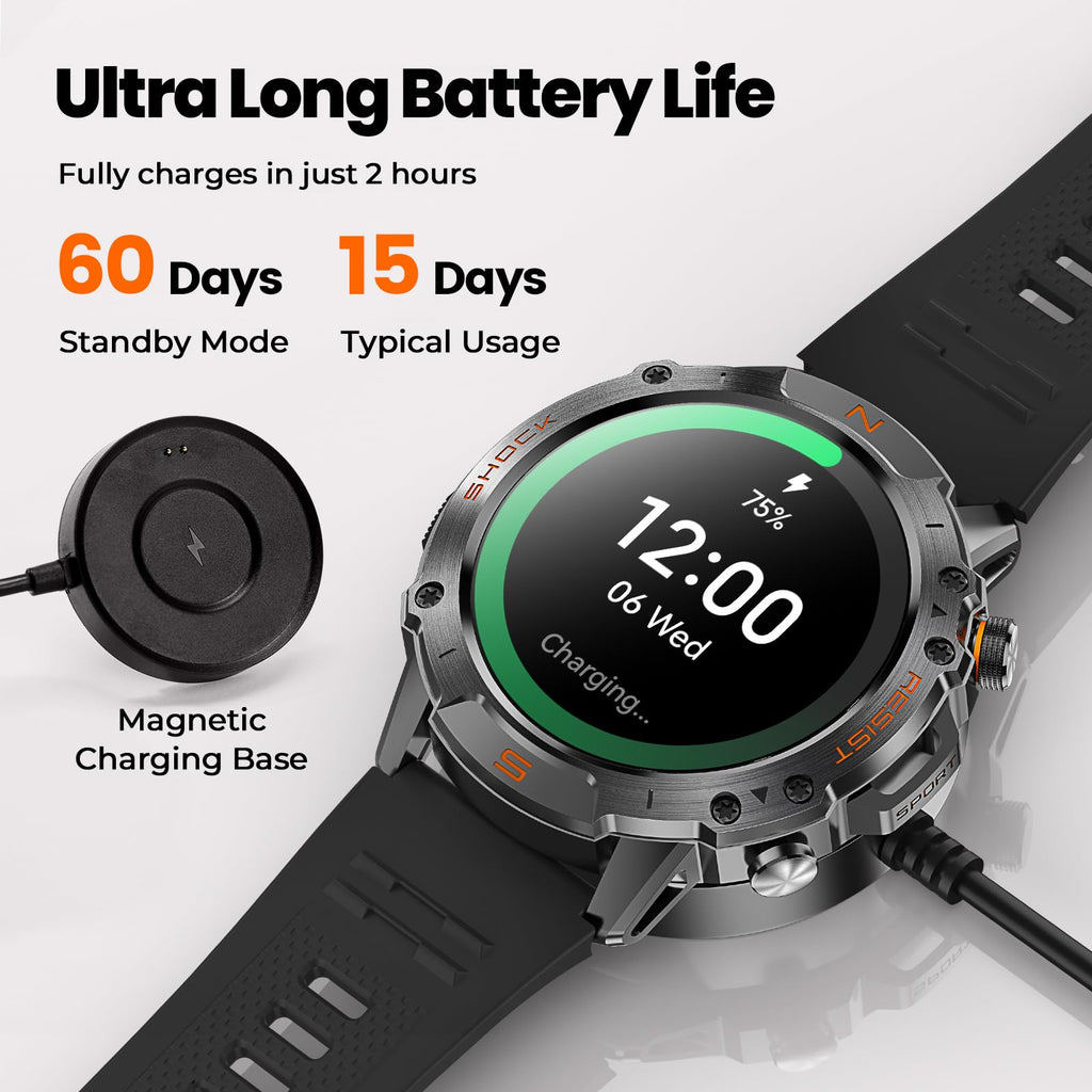 WalkerFit Smart Watch for Men, 1.43" Round AMOLED, 5ATM Waterproof, Heart Rate & Sleep Monitor,Long Battery,Outdoor Fitness Activity Tracker,Voice Control&Bluetooth Call,Compatible with iPhone Android