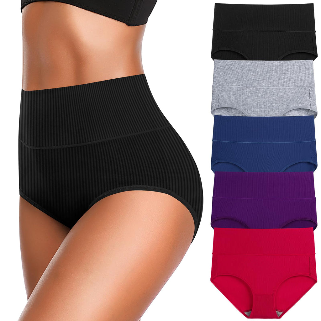 Women's High Waist Cotton Underwear Super Stretchy Briefs Full Coverage Panties Soft Women Panties 5-Pack