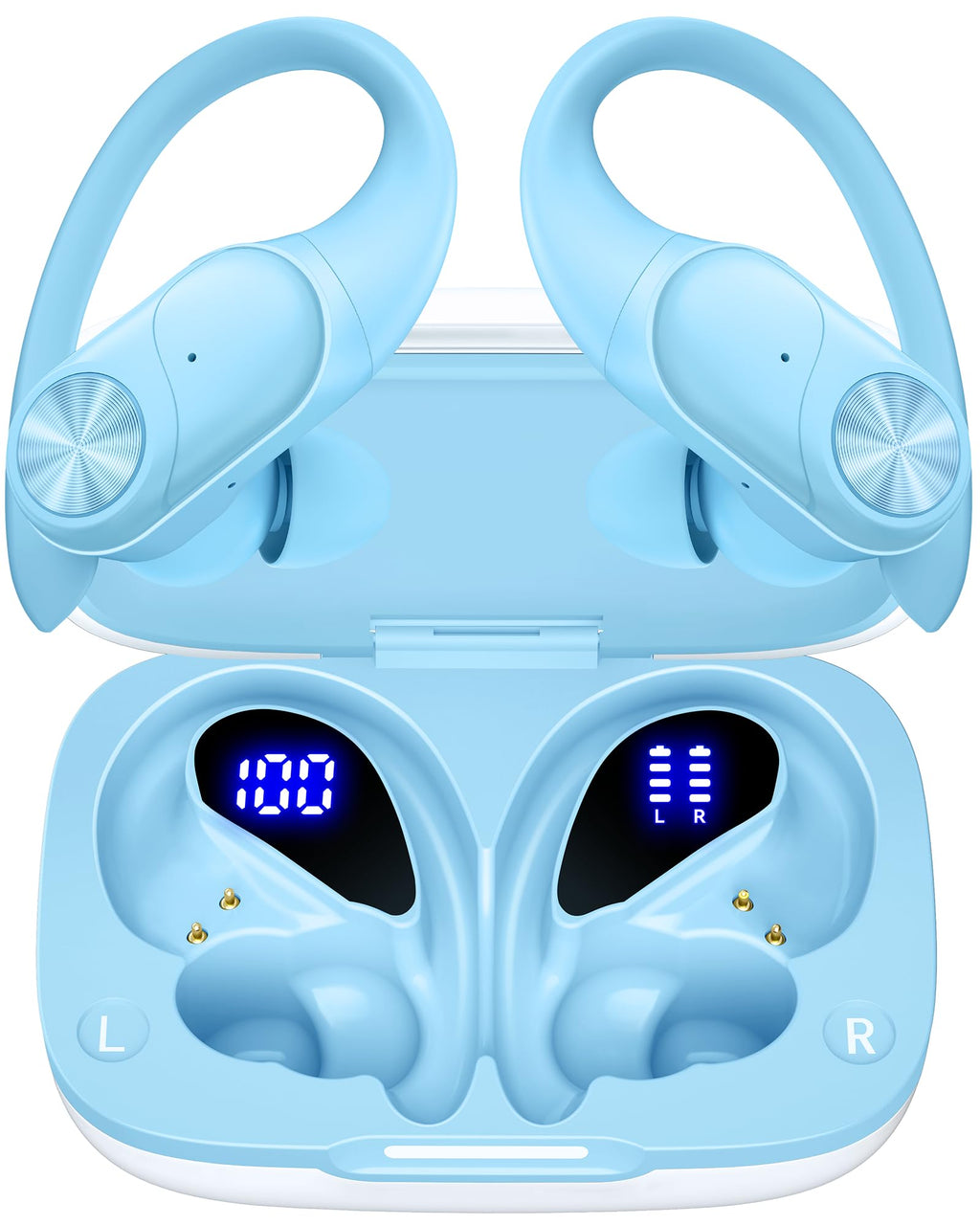 PocBuds Bluetooth Headphones Wireless Earbuds 80hrs Playtime Wireless Charging Case Digital Display Sports Ear Buds with Earhook Deep Bass IPX7 Waterproof Over-Ear Earphones for TV Phone Laptop Black