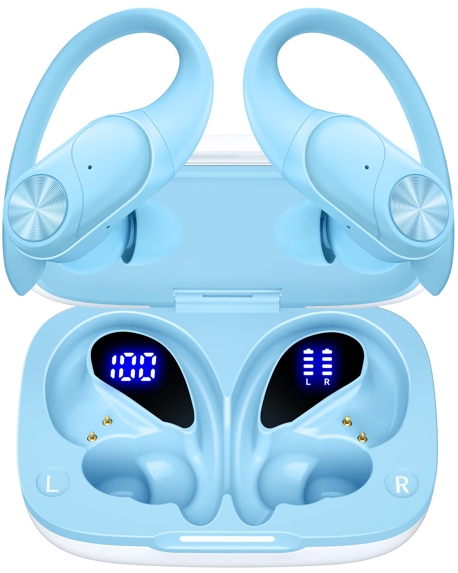 PocBuds Bluetooth Headphones Wireless Earbuds 80hrs Playtime Wireless Charging Case Digital Display Sports Ear Buds with Earhook Deep Bass IPX7 Waterproof Over-Ear Earphones for TV Phone Laptop Black