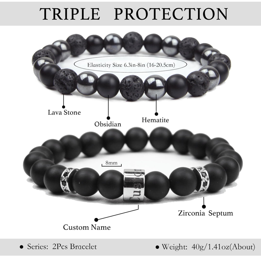 Black Obsidian Bracelet for Men - Black Tourmaline Beaded Bracelets - Mens Bracelet Set 8MM Black Onyx Hematite Lava Stone Beads Triple Protection Bracelet for Men Women Gifts
