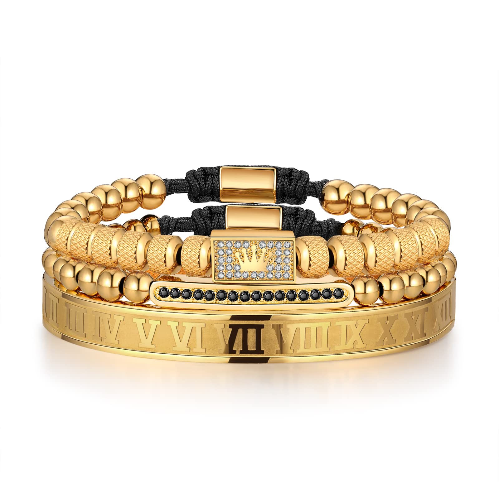 WFYOU 3PCS Stainless Steel Bracelets for Men Gold Roman Numeral Bangle Bracelet Twisted Cable Bracelet Adjustable Cuff Bracelet Mens Luxury Jewelry Bracelets Gifts