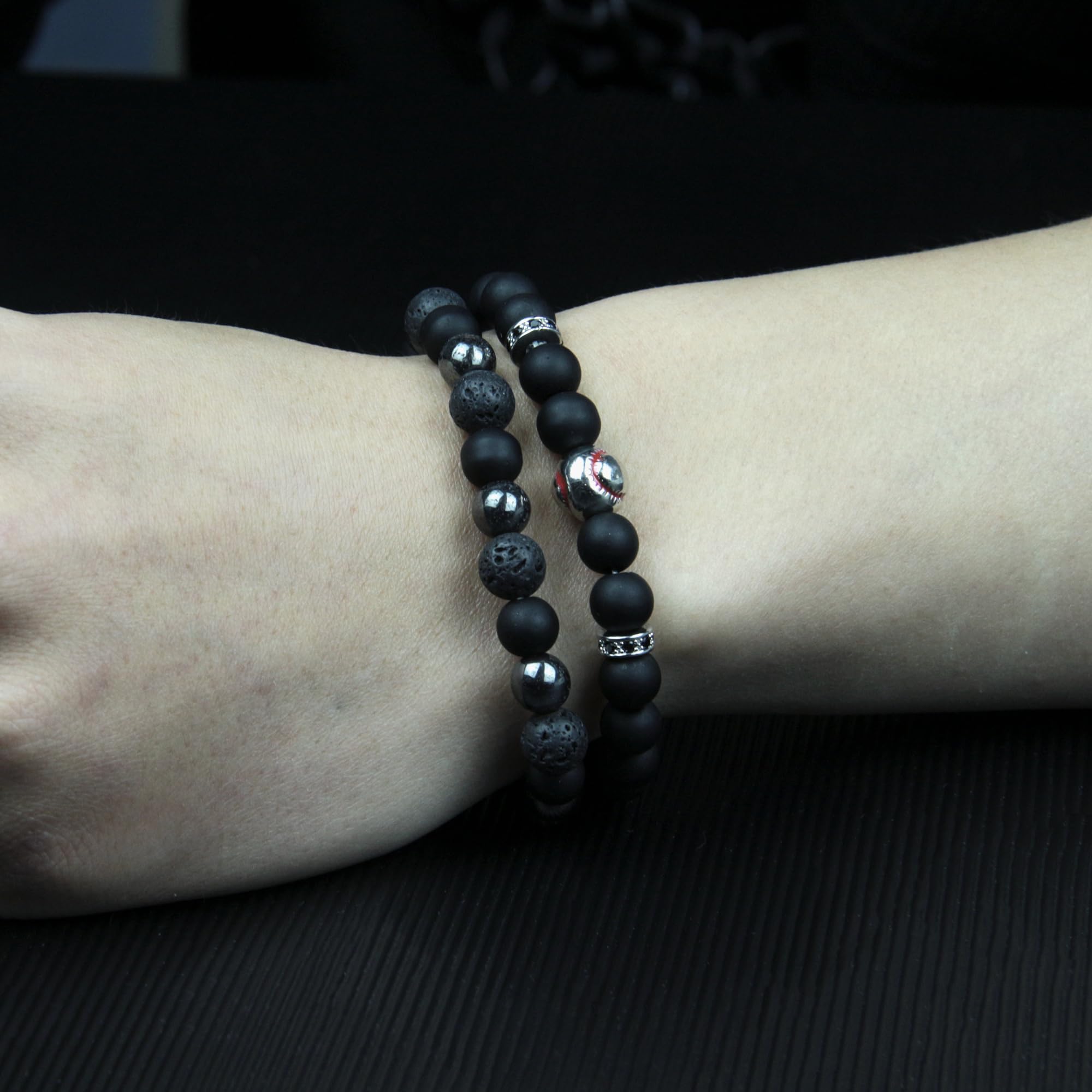 Black Obsidian Bracelet for Men - Black Tourmaline Beaded Bracelets - Mens Bracelet Set 8MM Black Onyx Hematite Lava Stone Beads Triple Protection Bracelet for Men Women Gifts