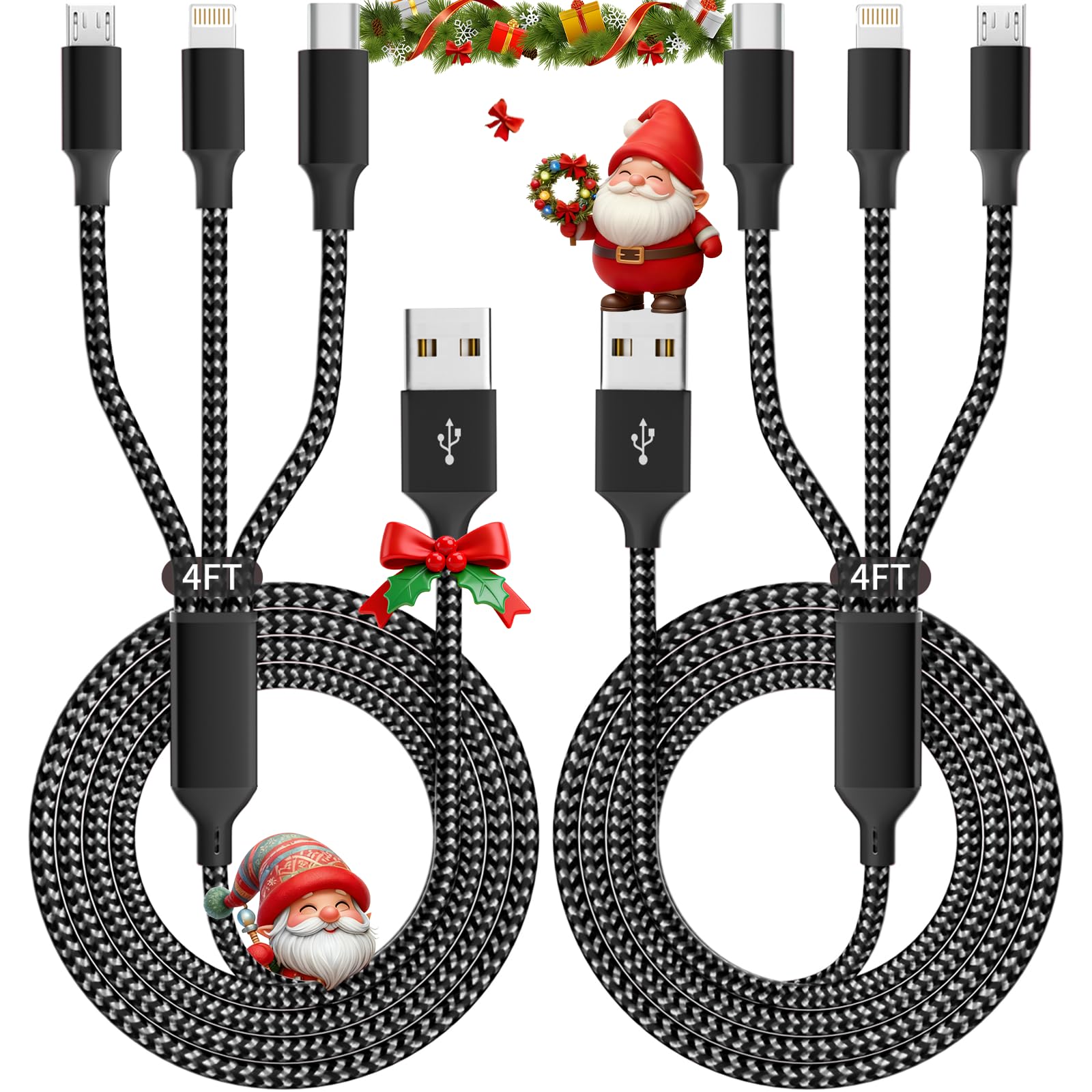 IDISON Multi Charging Cable(2Pack 4FT), 3 in 1 USB Charging Cable for Multiple Devices, Braided Universal Phone Charger Cord with Type-C, Micro USB, IP Port for iPhone17/16/14/Android Phones and More