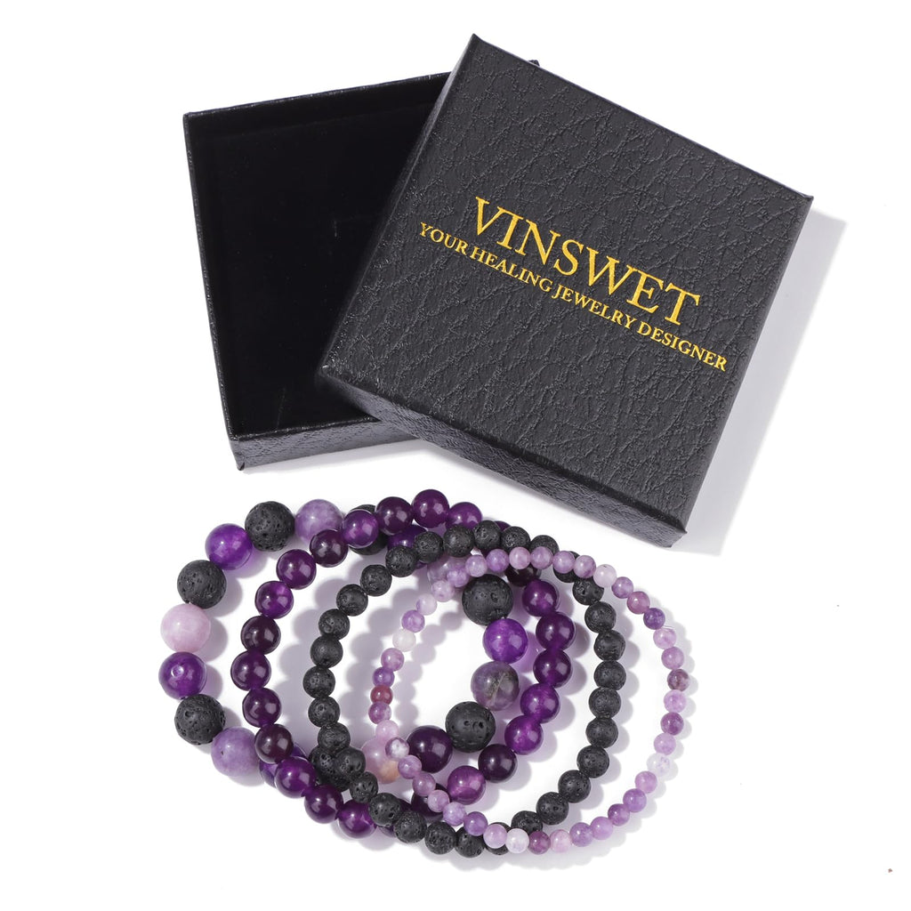 4pcs Beaded Bracelets for Women,Natural Healing Crystal Gemstones Bracelet,Anxiety Stress Relief Bracelet Handmade purple Jewelry Gifts for Women