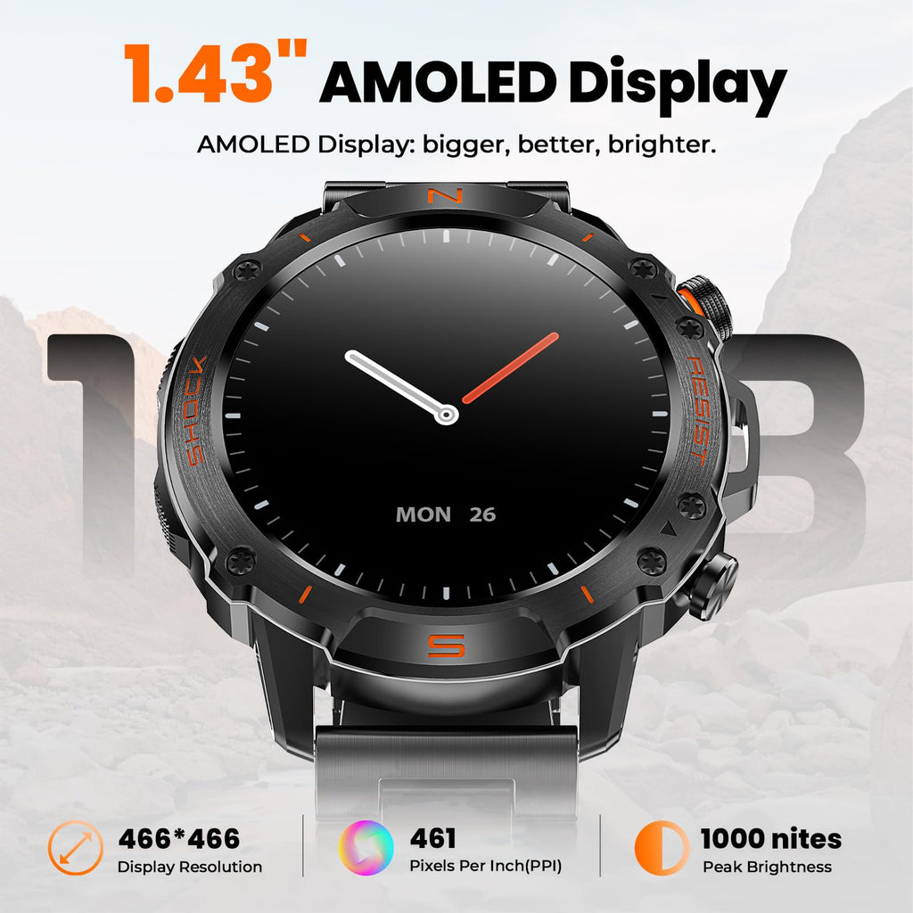 WalkerFit Smart Watch for Men, 1.43" Round AMOLED, 5ATM Waterproof, Heart Rate & Sleep Monitor,Long Battery,Outdoor Fitness Activity Tracker,Voice Control&Bluetooth Call,Compatible with iPhone Android