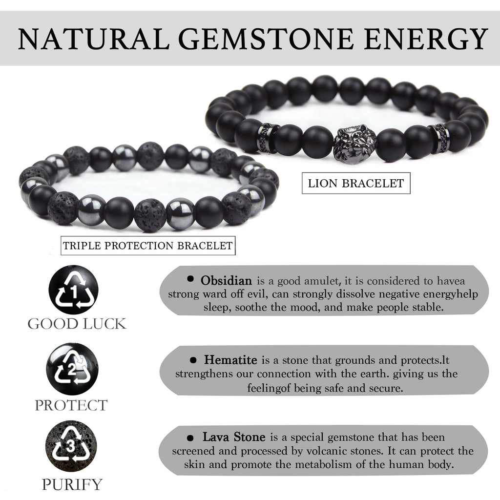 Black Obsidian Bracelet for Men - Black Tourmaline Beaded Bracelets - Mens Bracelet Set 8MM Black Onyx Hematite Lava Stone Beads Triple Protection Bracelet for Men Women Gifts