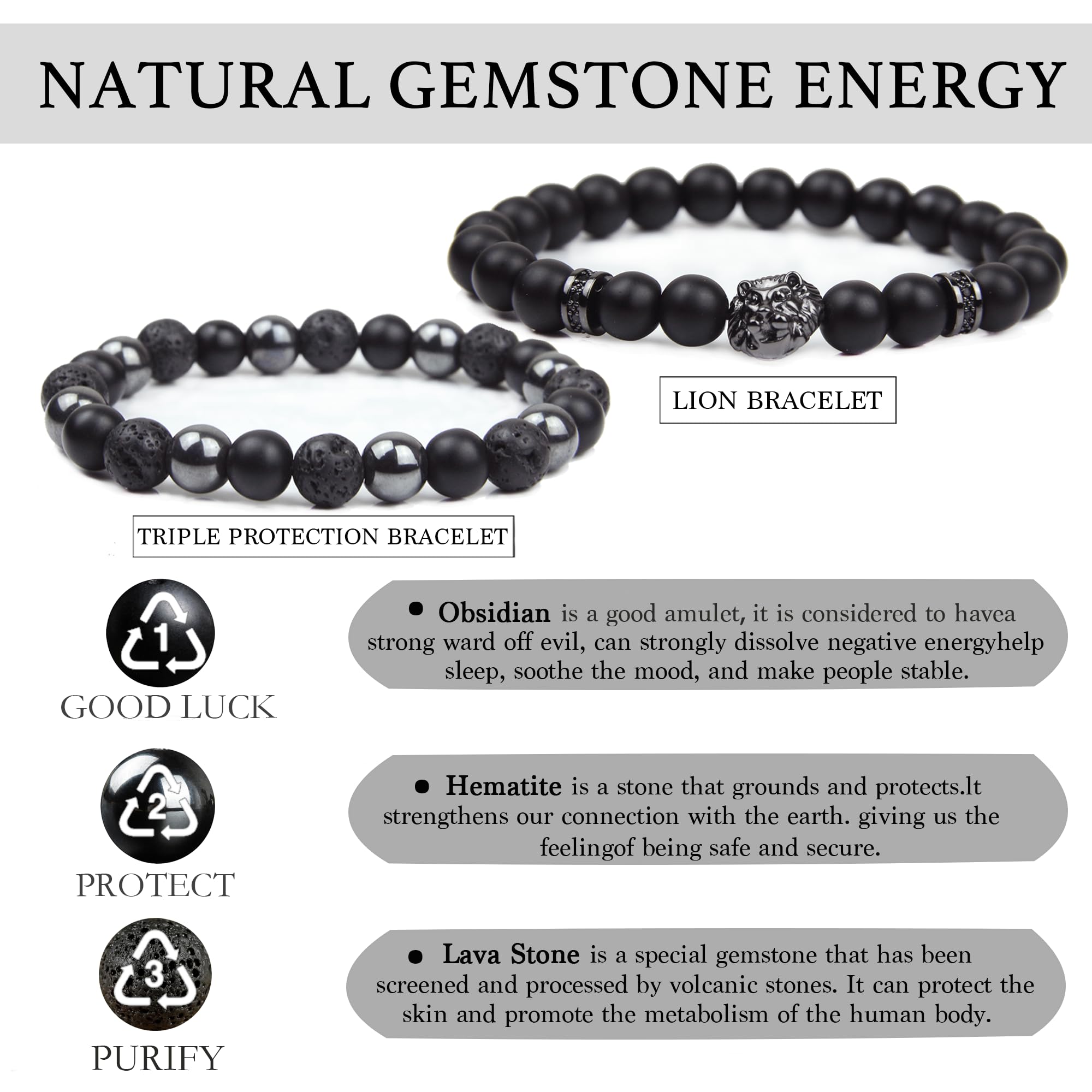 Black Obsidian Bracelet for Men - Black Tourmaline Beaded Bracelets - Mens Bracelet Set 8MM Black Onyx Hematite Lava Stone Beads Triple Protection Bracelet for Men Women Gifts