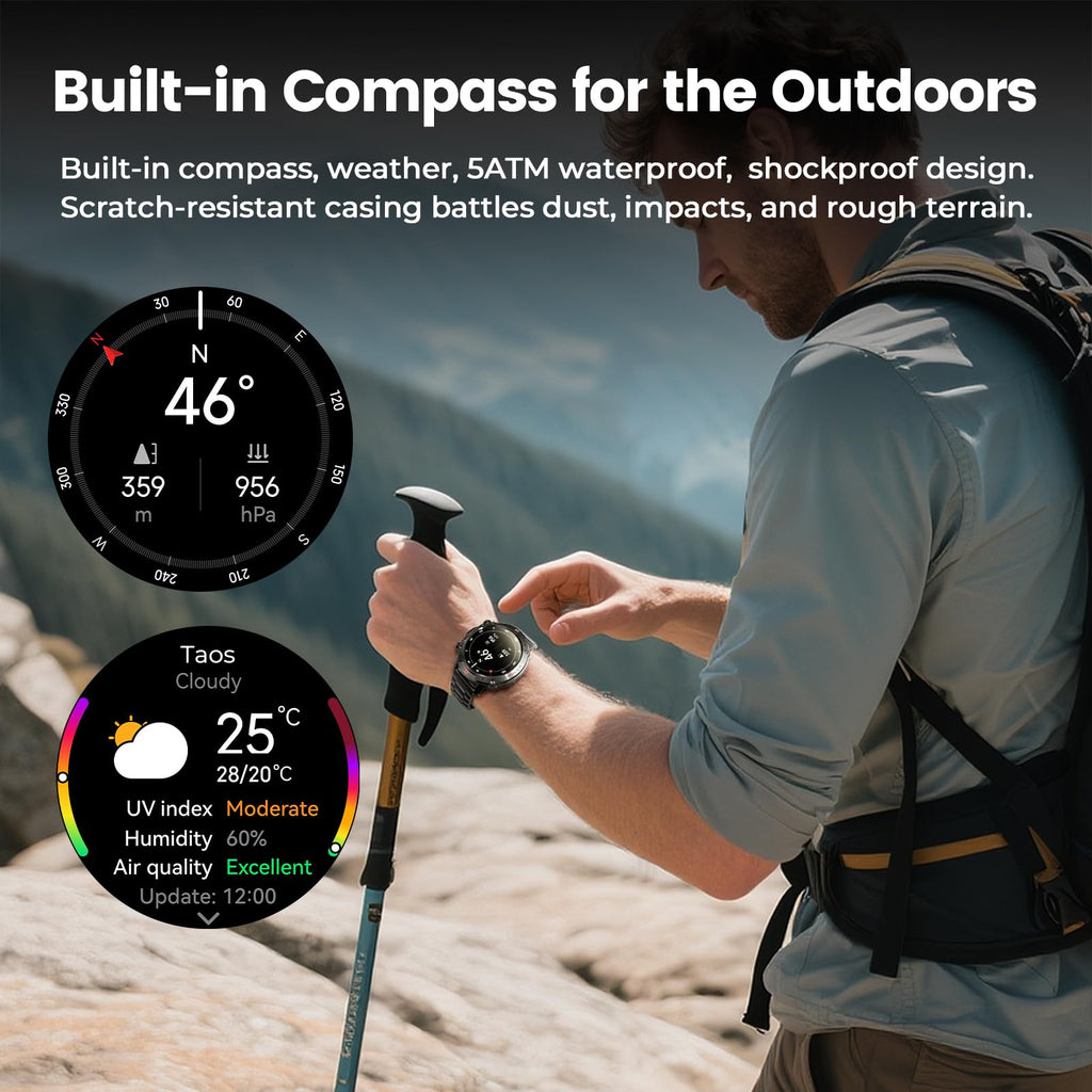 WalkerFit Smart Watch for Men, 1.43" Round AMOLED, 5ATM Waterproof, Heart Rate & Sleep Monitor,Long Battery,Outdoor Fitness Activity Tracker,Voice Control&Bluetooth Call,Compatible with iPhone Android