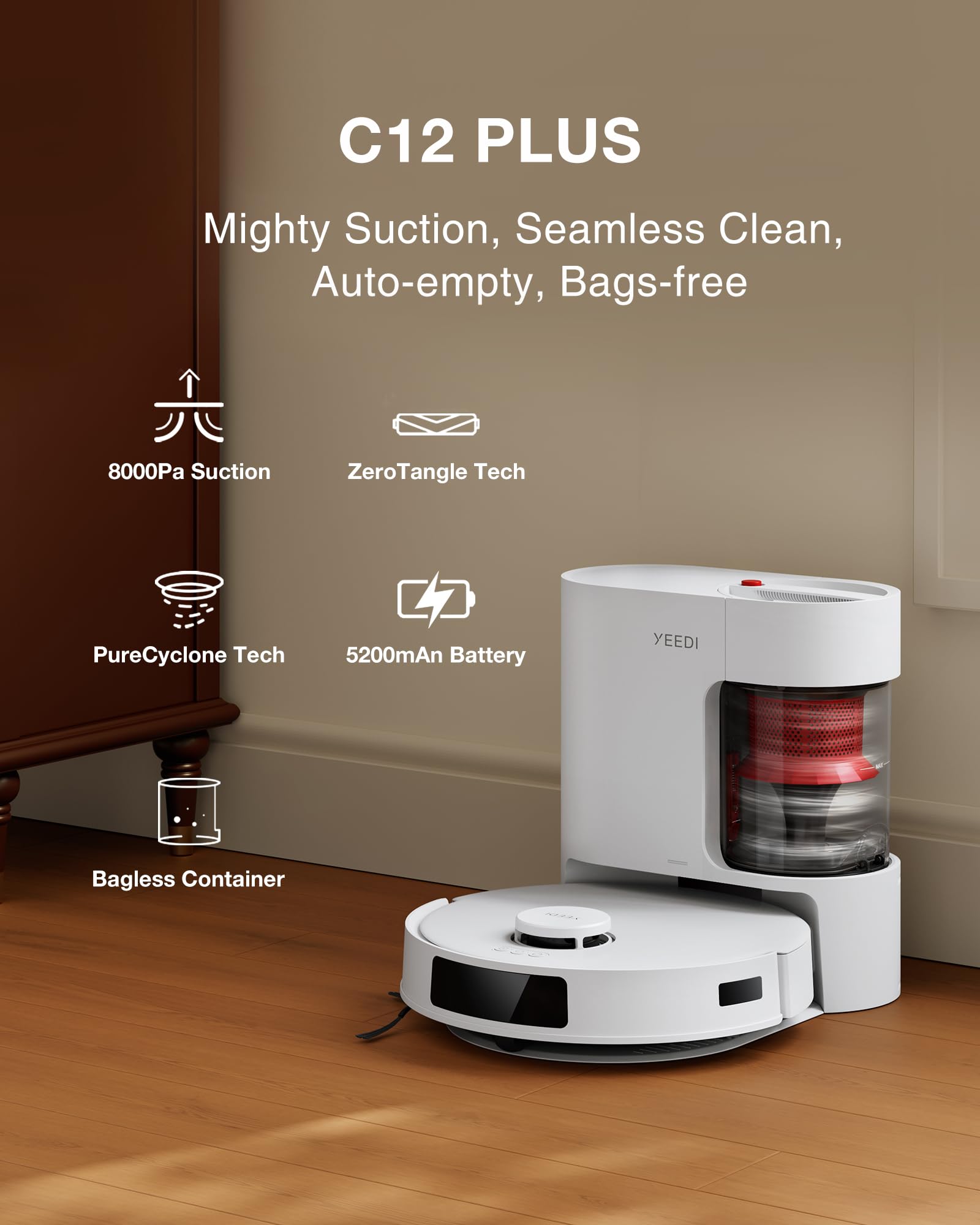 Yeedi C12 Robot Vacuum Cleaner and Mop, 8000Pa Strong Suction, ZeroTangle Brush, Smart Navigation, Self-Charging, White