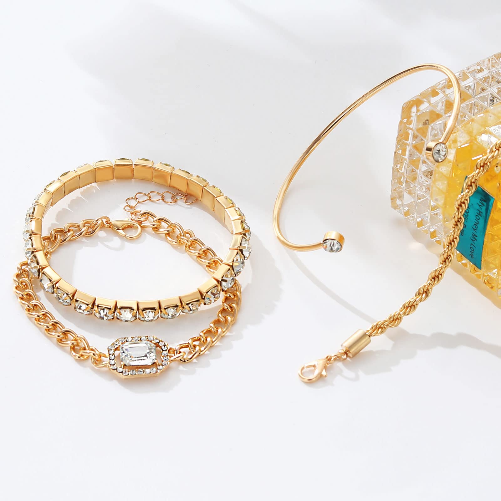 4 Pcs Dainty Gold Silver Bracelets Set for Women 14K Plated Link Cubic Zirconia Paperclip Stake Layering Chain Adjustable Trendy Hand Jewelry