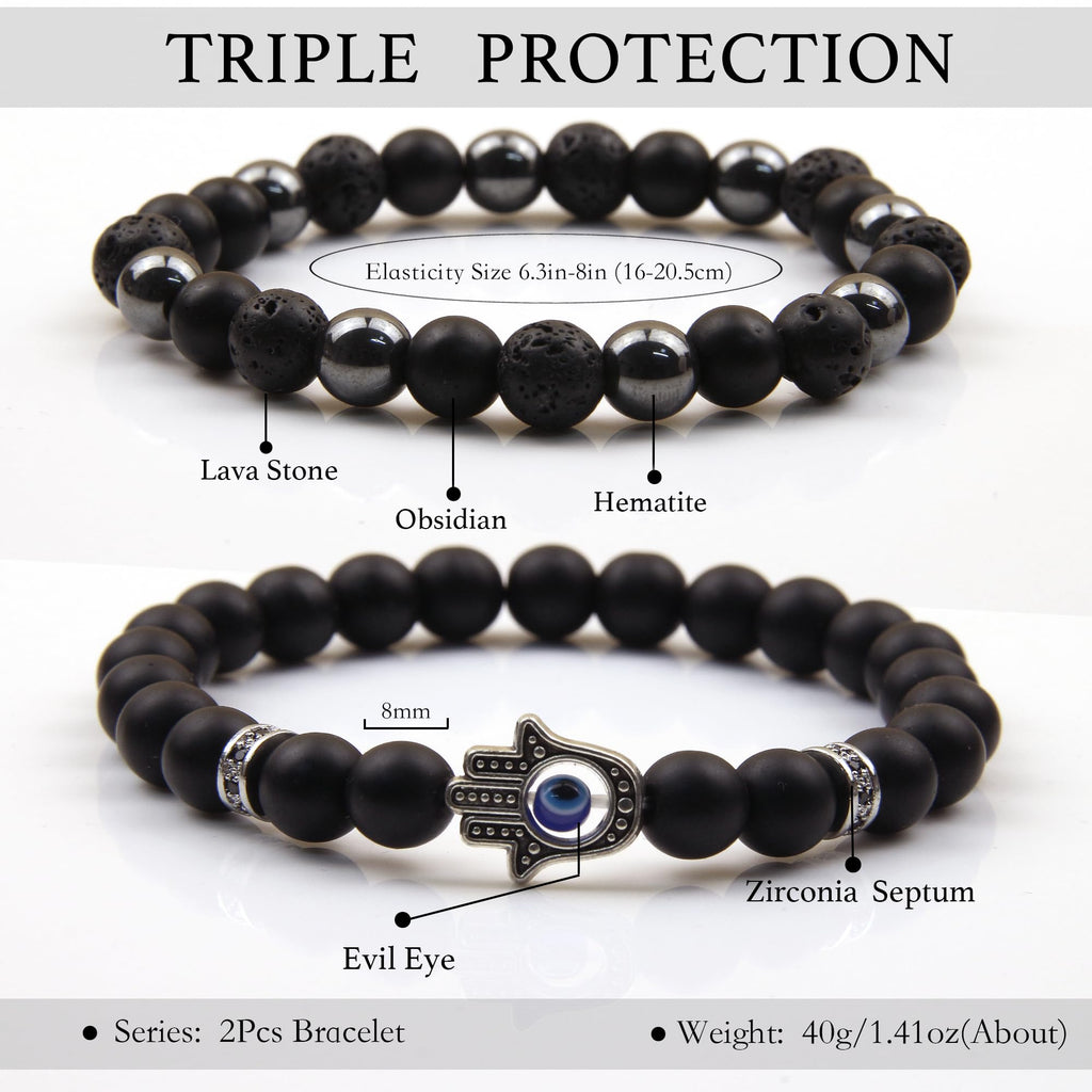 Black Obsidian Bracelet for Men - Black Tourmaline Beaded Bracelets - Mens Bracelet Set 8MM Black Onyx Hematite Lava Stone Beads Triple Protection Bracelet for Men Women Gifts