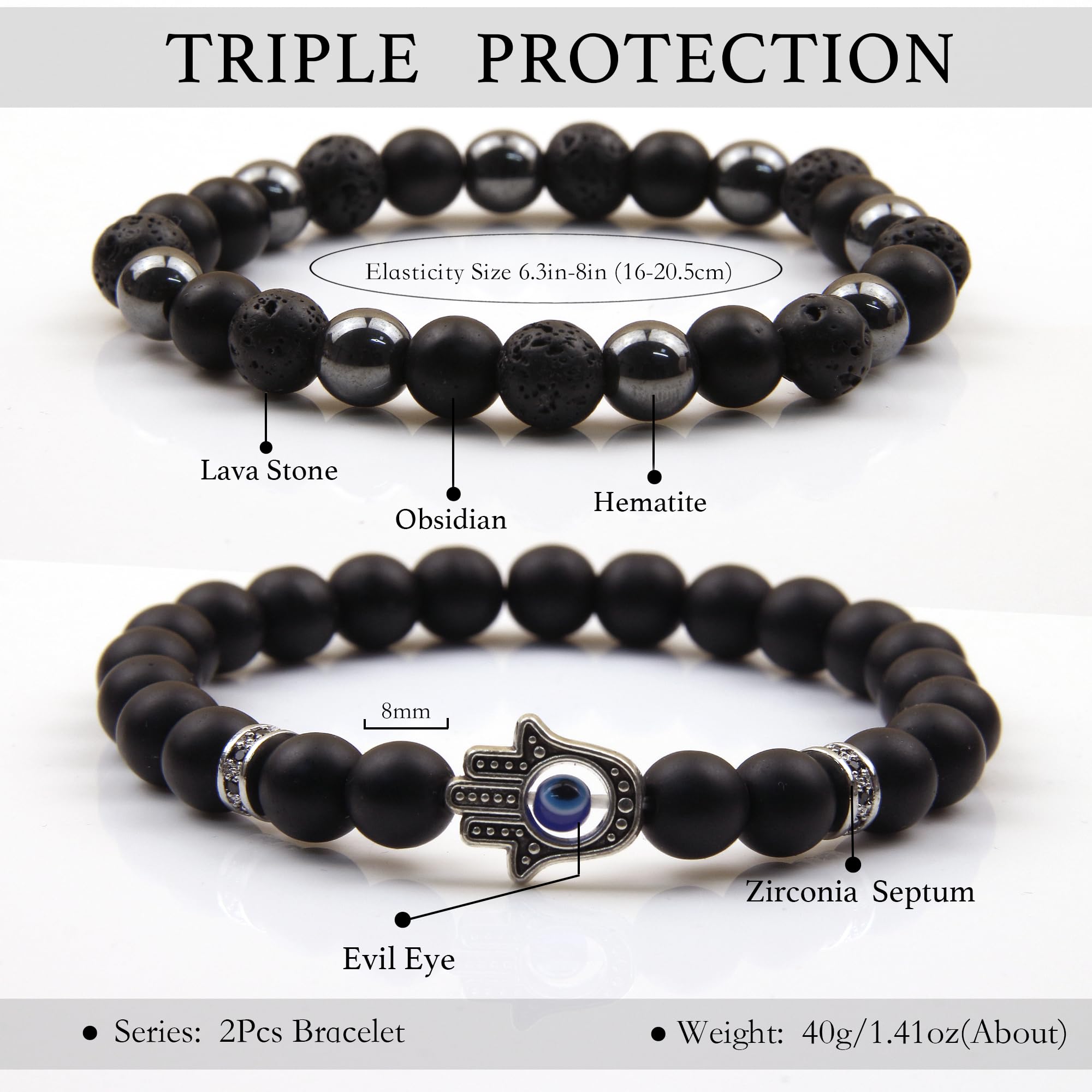 Black Obsidian Bracelet for Men - Black Tourmaline Beaded Bracelets - Mens Bracelet Set 8MM Black Onyx Hematite Lava Stone Beads Triple Protection Bracelet for Men Women Gifts