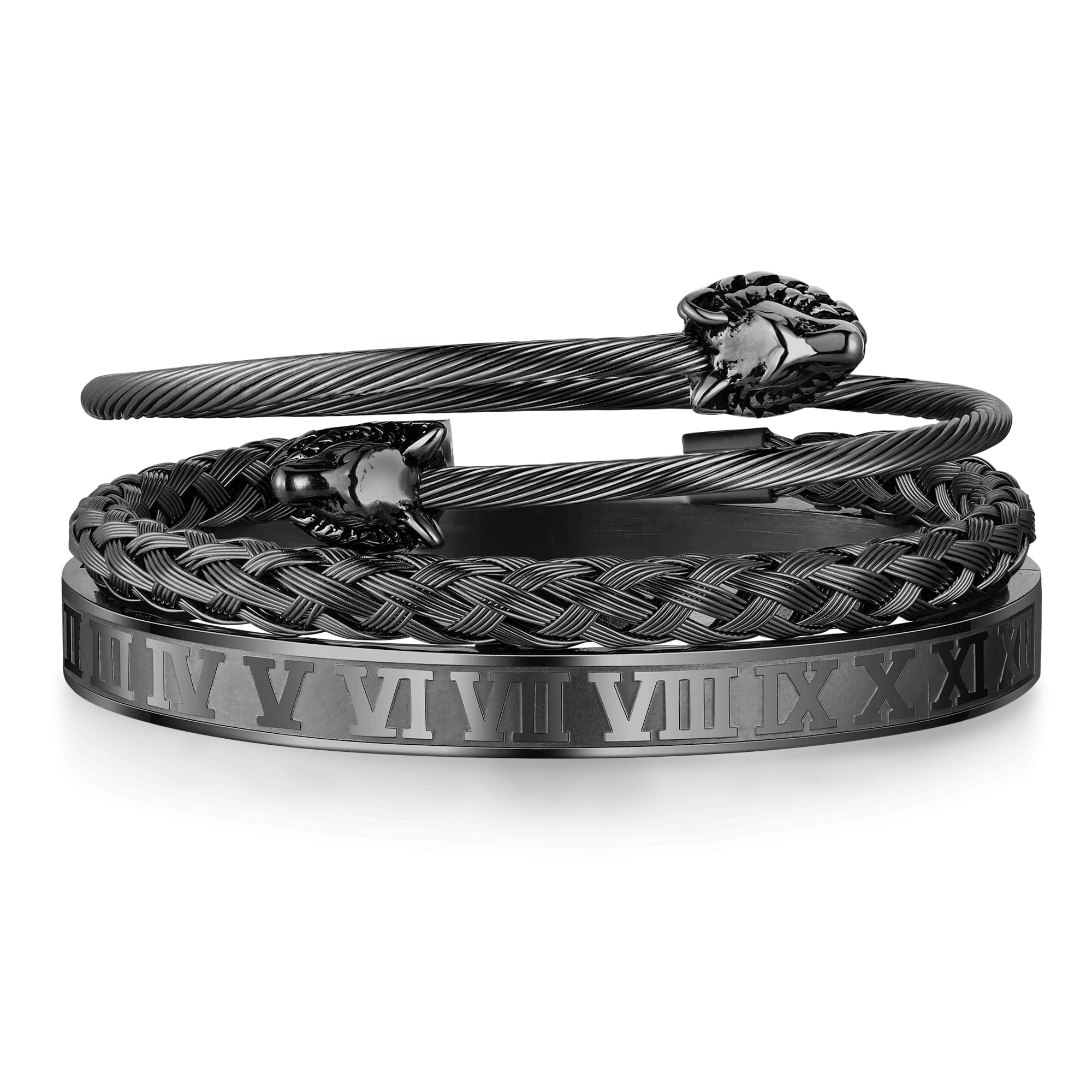 WFYOU 3PCS Stainless Steel Bracelets for Men Gold Roman Numeral Bangle Bracelet Twisted Cable Bracelet Adjustable Cuff Bracelet Mens Luxury Jewelry Bracelets Gifts