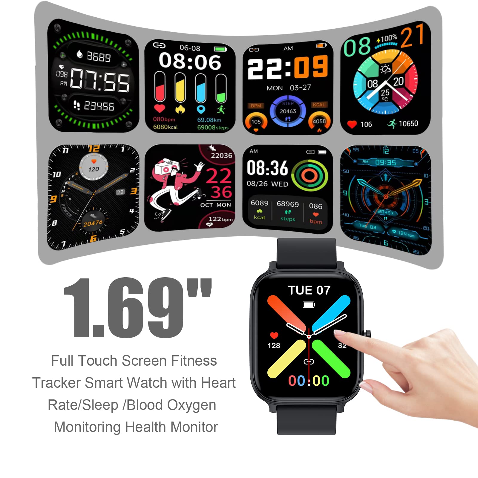 Smart Watch for Men Women Compatible with iPhone Samsung Android Phone 1.83 inch Full Touch Screen IP68 Waterproof Bluetooh Fitness Tracker Heart Rate/Sleep Monitor, Black