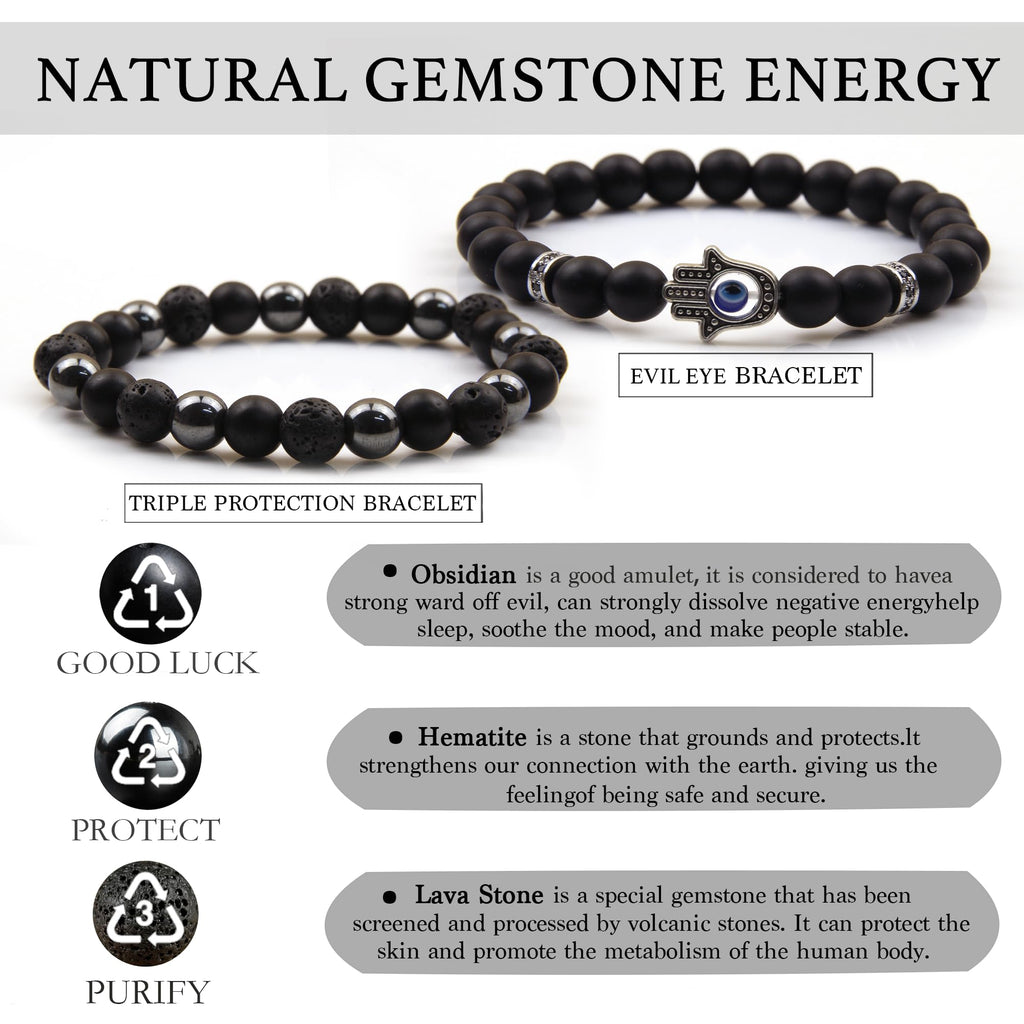 Black Obsidian Bracelet for Men - Black Tourmaline Beaded Bracelets - Mens Bracelet Set 8MM Black Onyx Hematite Lava Stone Beads Triple Protection Bracelet for Men Women Gifts