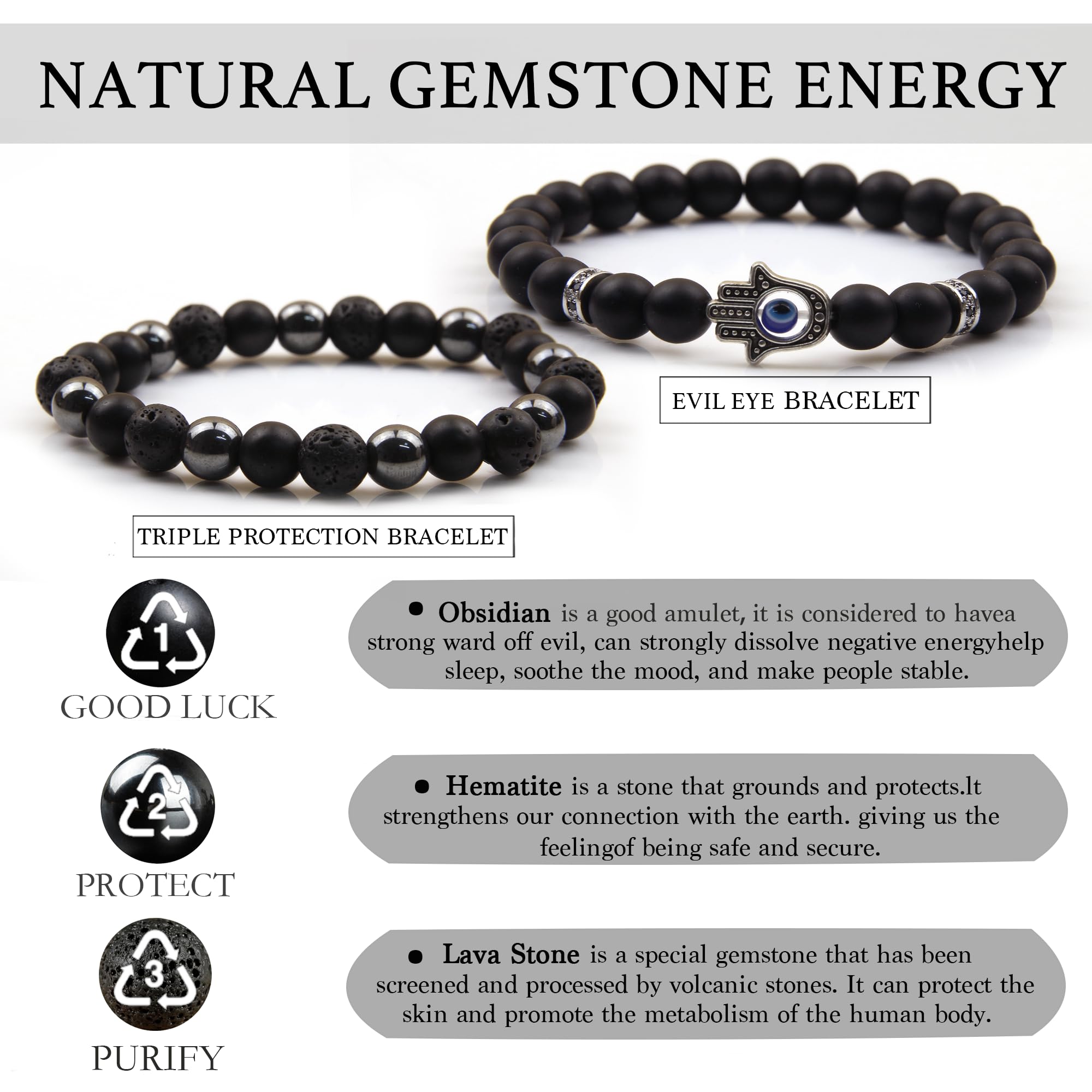 Black Obsidian Bracelet for Men - Black Tourmaline Beaded Bracelets - Mens Bracelet Set 8MM Black Onyx Hematite Lava Stone Beads Triple Protection Bracelet for Men Women Gifts