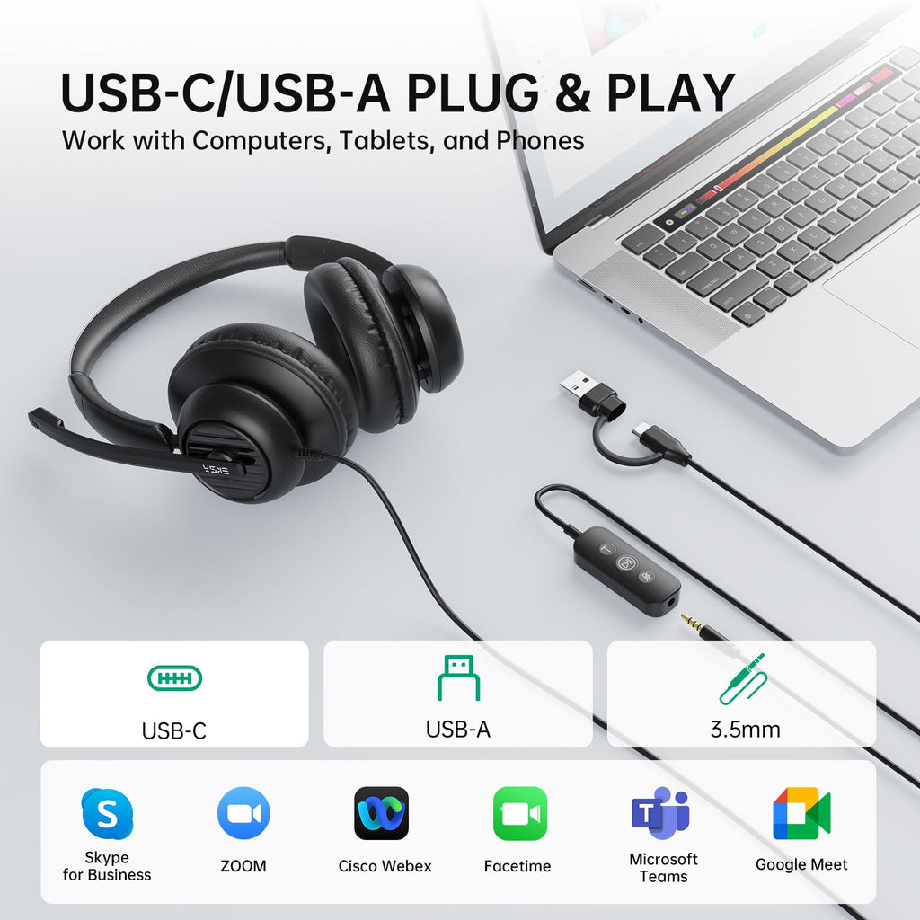 EKSA H8 USB Headset with Microphone for Work, Stereo Wired Computer Headphones with Mic Noise Cancelling, in Line Controls, 3.5mm Jack USB-C/A Over-Ear Headset for PC Laptop Office Call Center Teams