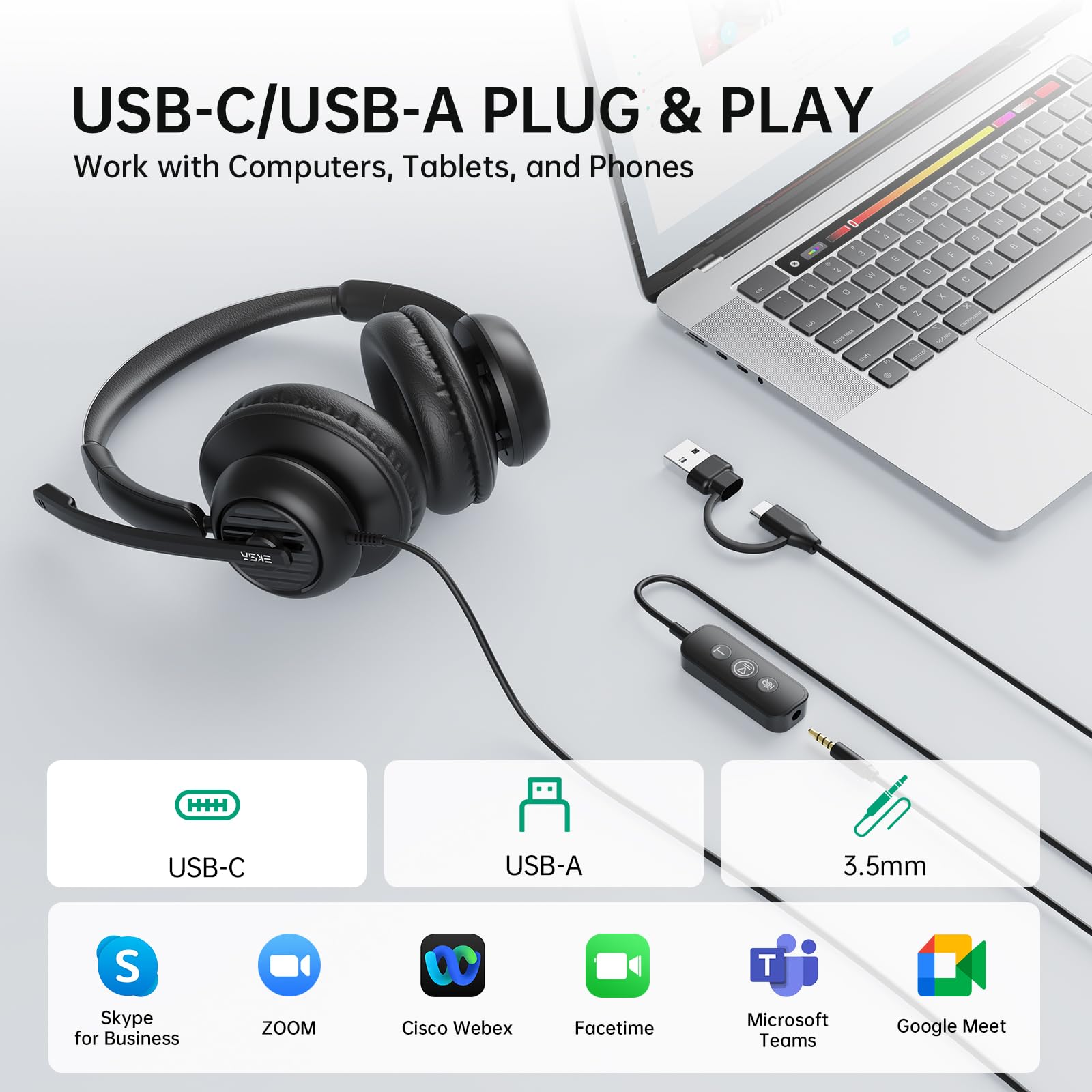 EKSA H8 USB Headset with Microphone for Work, Stereo Wired Computer Headphones with Mic Noise Cancelling, in Line Controls, 3.5mm Jack USB-C/A Over-Ear Headset for PC Laptop Office Call Center Teams