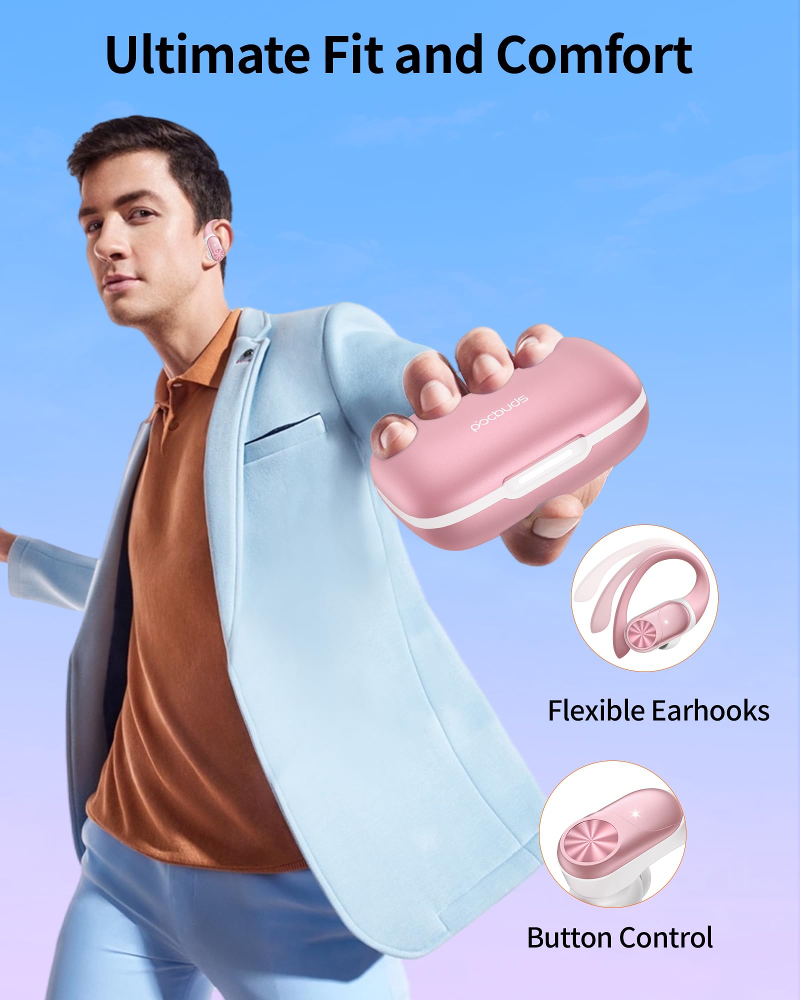 PocBuds Bluetooth Headphones Wireless Earbuds 80hrs Playtime Wireless Charging Case Digital Display Sports Ear Buds with Earhook Deep Bass IPX7 Waterproof Over-Ear Earphones for TV Phone Laptop Black