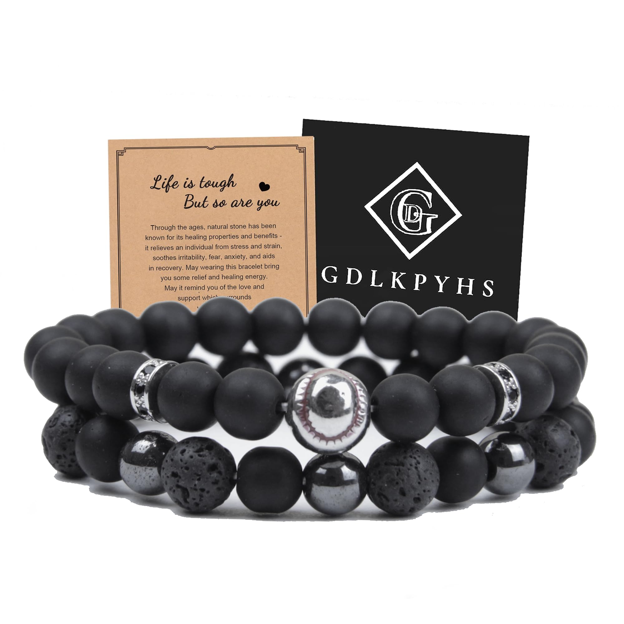 Black Obsidian Bracelet for Men - Black Tourmaline Beaded Bracelets - Mens Bracelet Set 8MM Black Onyx Hematite Lava Stone Beads Triple Protection Bracelet for Men Women Gifts