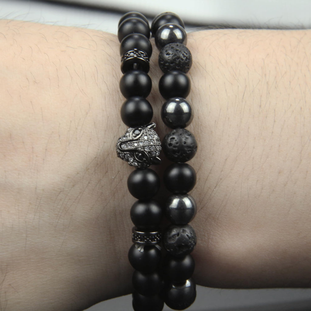 Black Obsidian Bracelet for Men - Black Tourmaline Beaded Bracelets - Mens Bracelet Set 8MM Black Onyx Hematite Lava Stone Beads Triple Protection Bracelet for Men Women Gifts