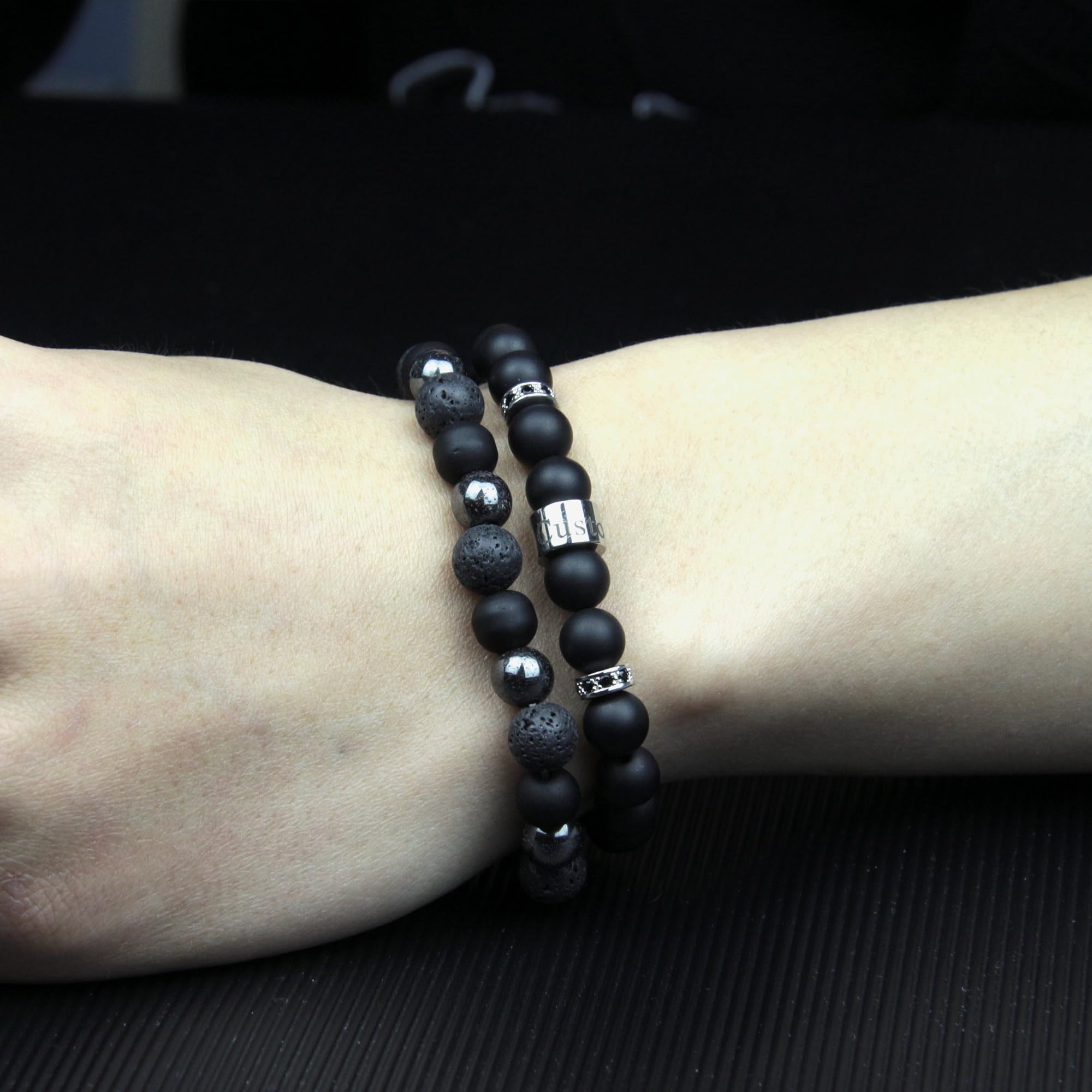 Black Obsidian Bracelet for Men - Black Tourmaline Beaded Bracelets - Mens Bracelet Set 8MM Black Onyx Hematite Lava Stone Beads Triple Protection Bracelet for Men Women Gifts