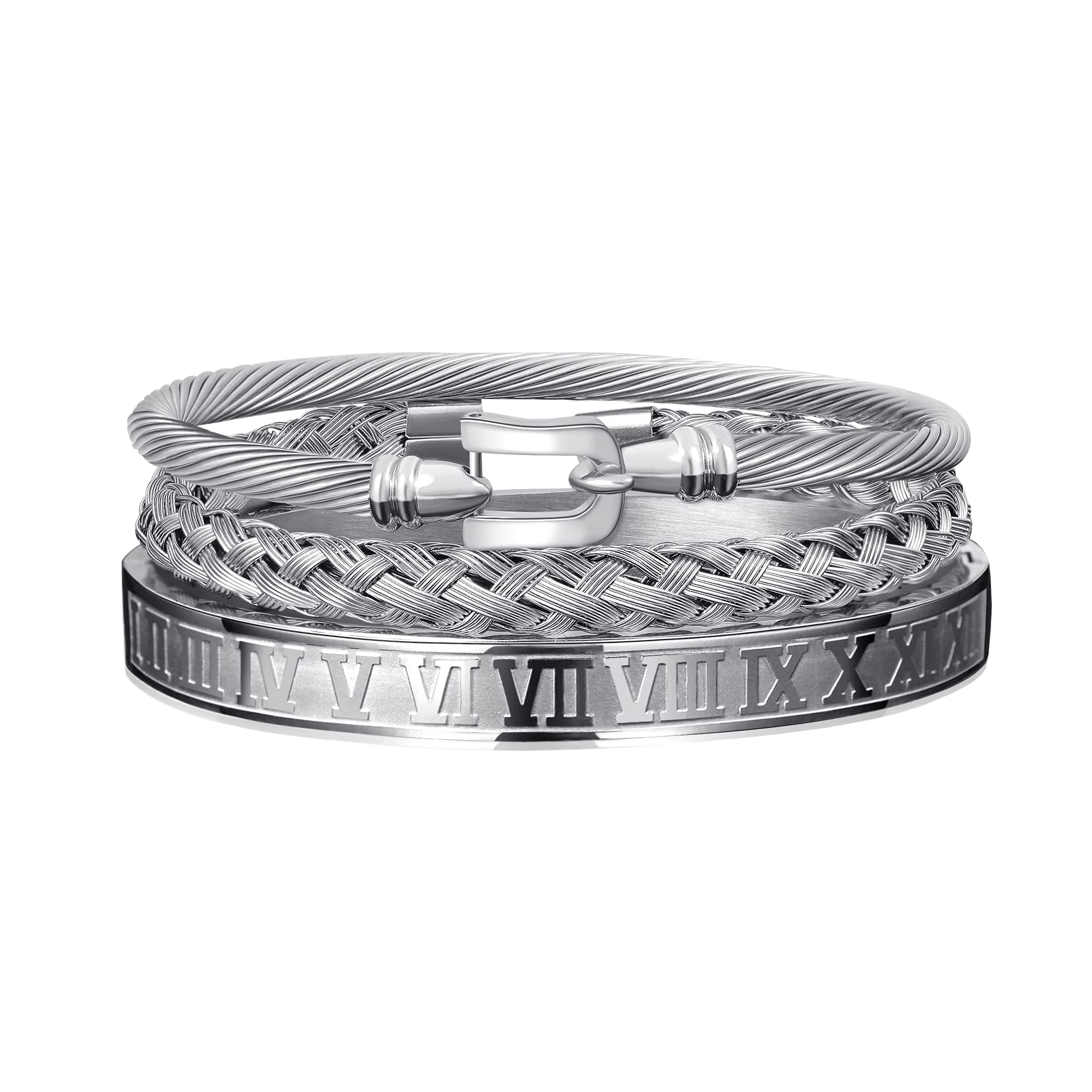 WFYOU 3PCS Stainless Steel Bracelets for Men Gold Roman Numeral Bangle Bracelet Twisted Cable Bracelet Adjustable Cuff Bracelet Mens Luxury Jewelry Bracelets Gifts