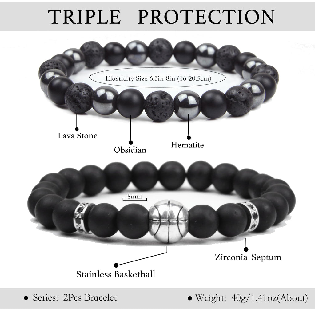 Black Obsidian Bracelet for Men - Black Tourmaline Beaded Bracelets - Mens Bracelet Set 8MM Black Onyx Hematite Lava Stone Beads Triple Protection Bracelet for Men Women Gifts