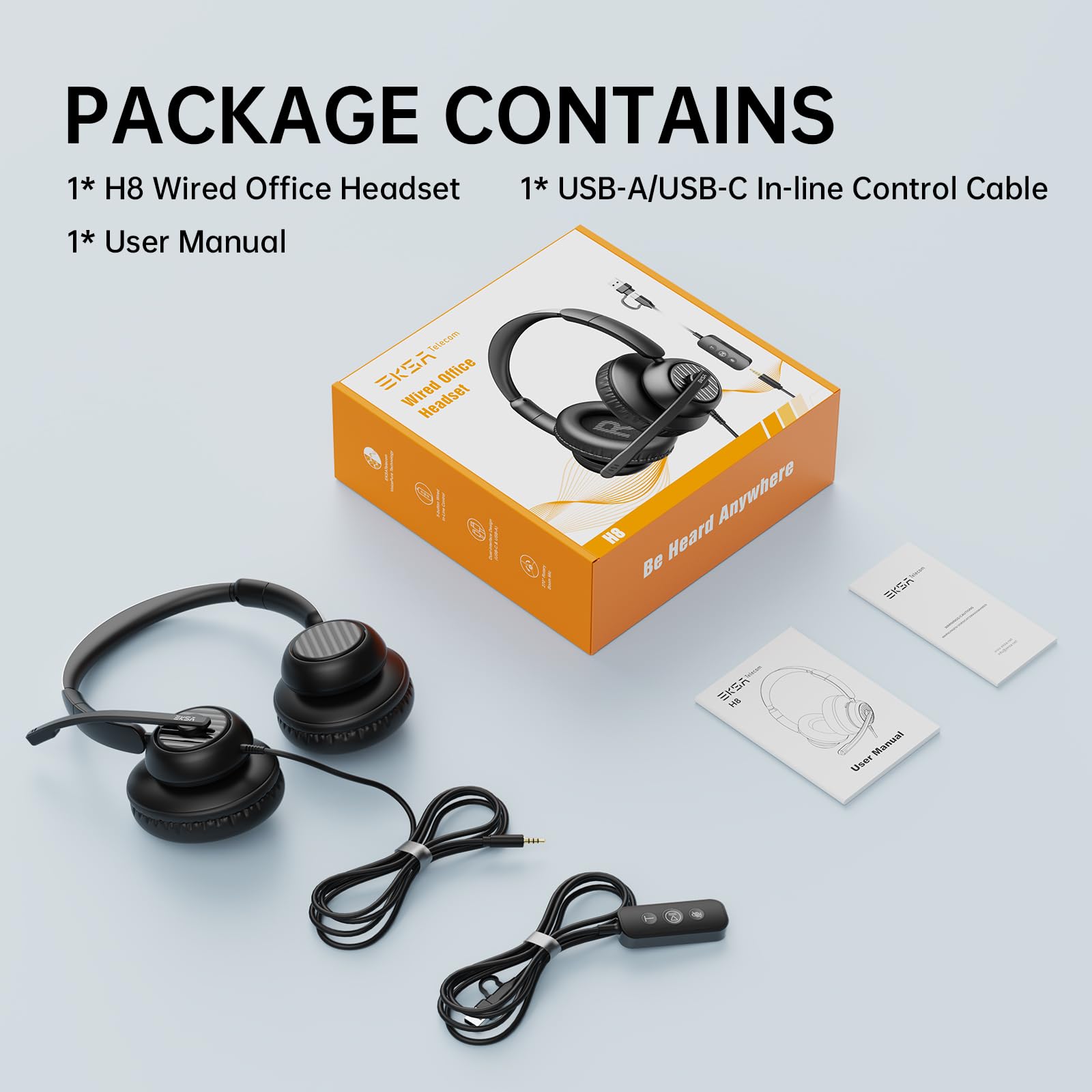 EKSA H8 USB Headset with Microphone for Work, Stereo Wired Computer Headphones with Mic Noise Cancelling, in Line Controls, 3.5mm Jack USB-C/A Over-Ear Headset for PC Laptop Office Call Center Teams