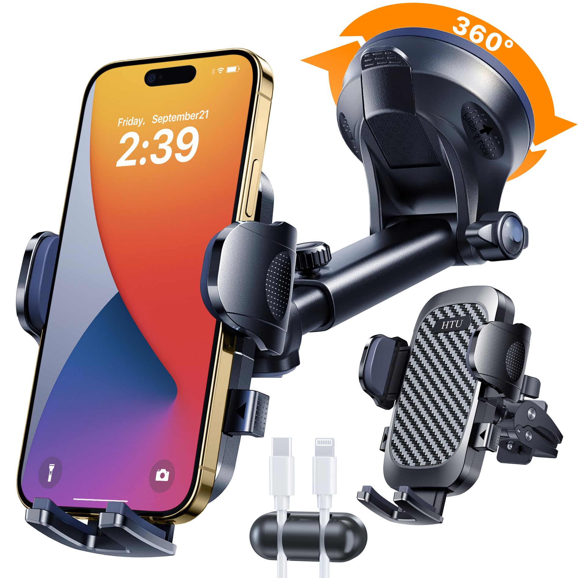 HTU 2026 Best Car Phone Holder 【Ultimate 5-in-1 & Upgraded 100+LBS Strongest Suction】【True Military-Grade & Safety Cert】 360° Windshield Dashboard Vent Mount Stand for iPhone Android & Truck, Black