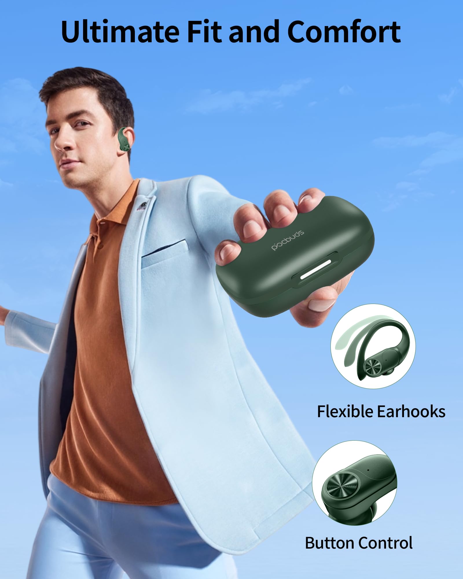 PocBuds Bluetooth Headphones Wireless Earbuds 80hrs Playtime Wireless Charging Case Digital Display Sports Ear Buds with Earhook Deep Bass IPX7 Waterproof Over-Ear Earphones for TV Phone Laptop Black