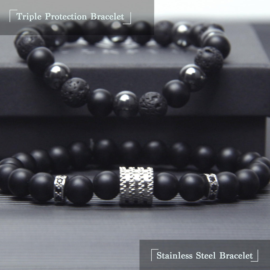 Black Obsidian Bracelet for Men - Black Tourmaline Beaded Bracelets - Mens Bracelet Set 8MM Black Onyx Hematite Lava Stone Beads Triple Protection Bracelet for Men Women Gifts