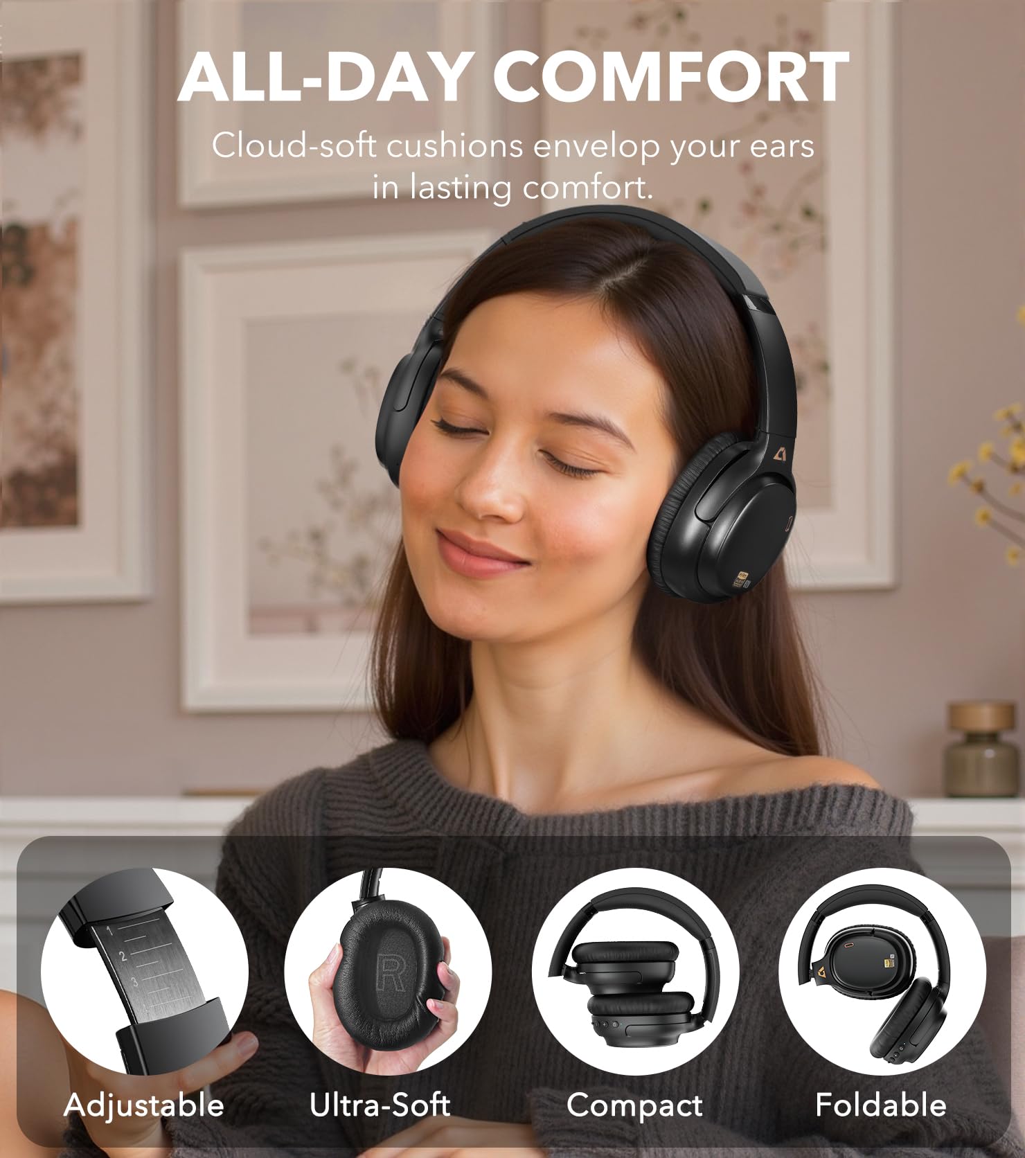 1Mii E700 Wireless Bluetooth Over Ear Headphones with Active Noise Canceling, Hi-Res Audio LDAC/aptX Low Latency for Airplane Travel Overhead Comfort, 54H Playtime, Custom EQ via App - Blue