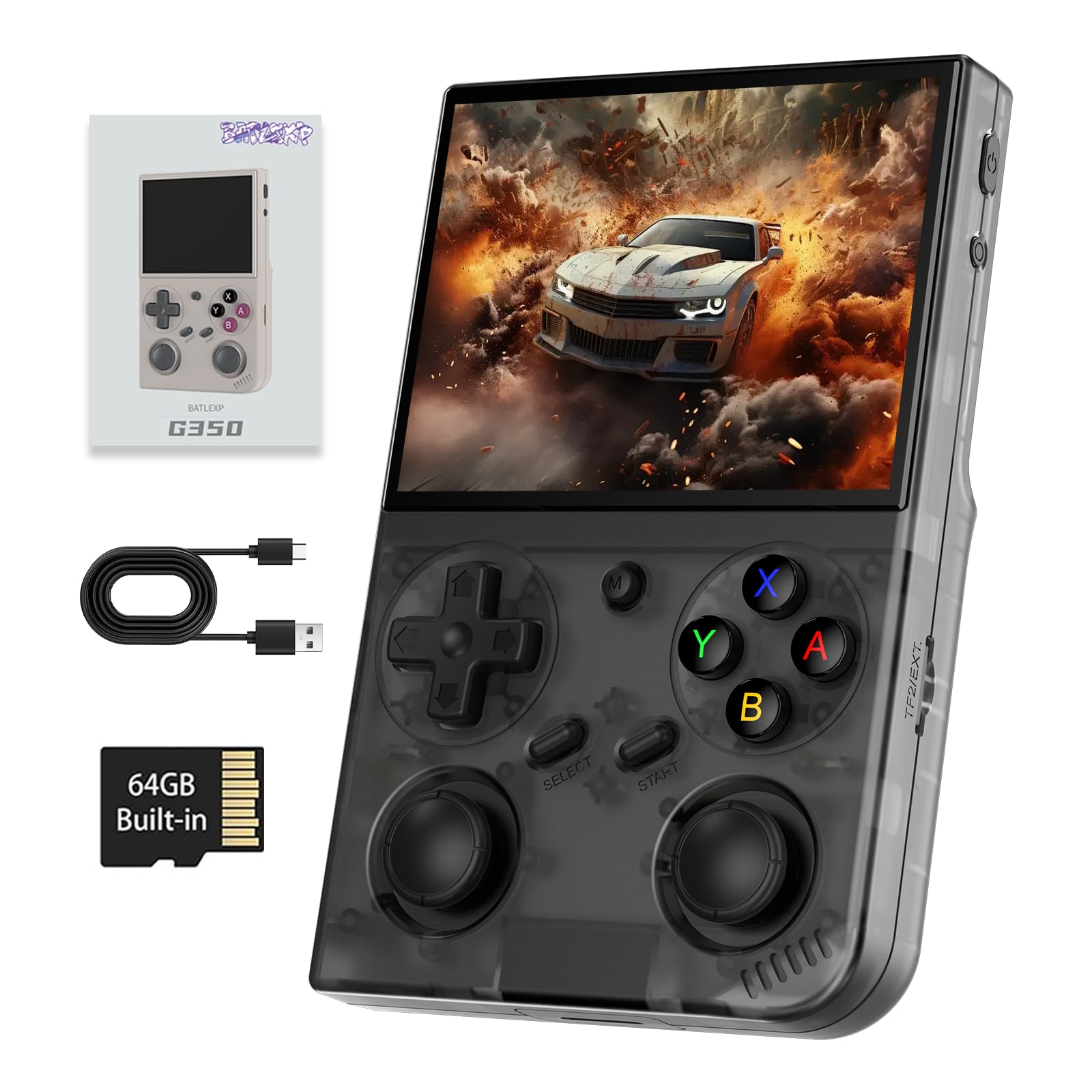G350 Retro Handheld Game Console , G350 Retro Gaming Console 3.5'' IPS Screen Linux System Built-in 64G TF Card 20+Emulators Pre-Installed 4371 Games Retro Game Console with 3200mAh Battery Black