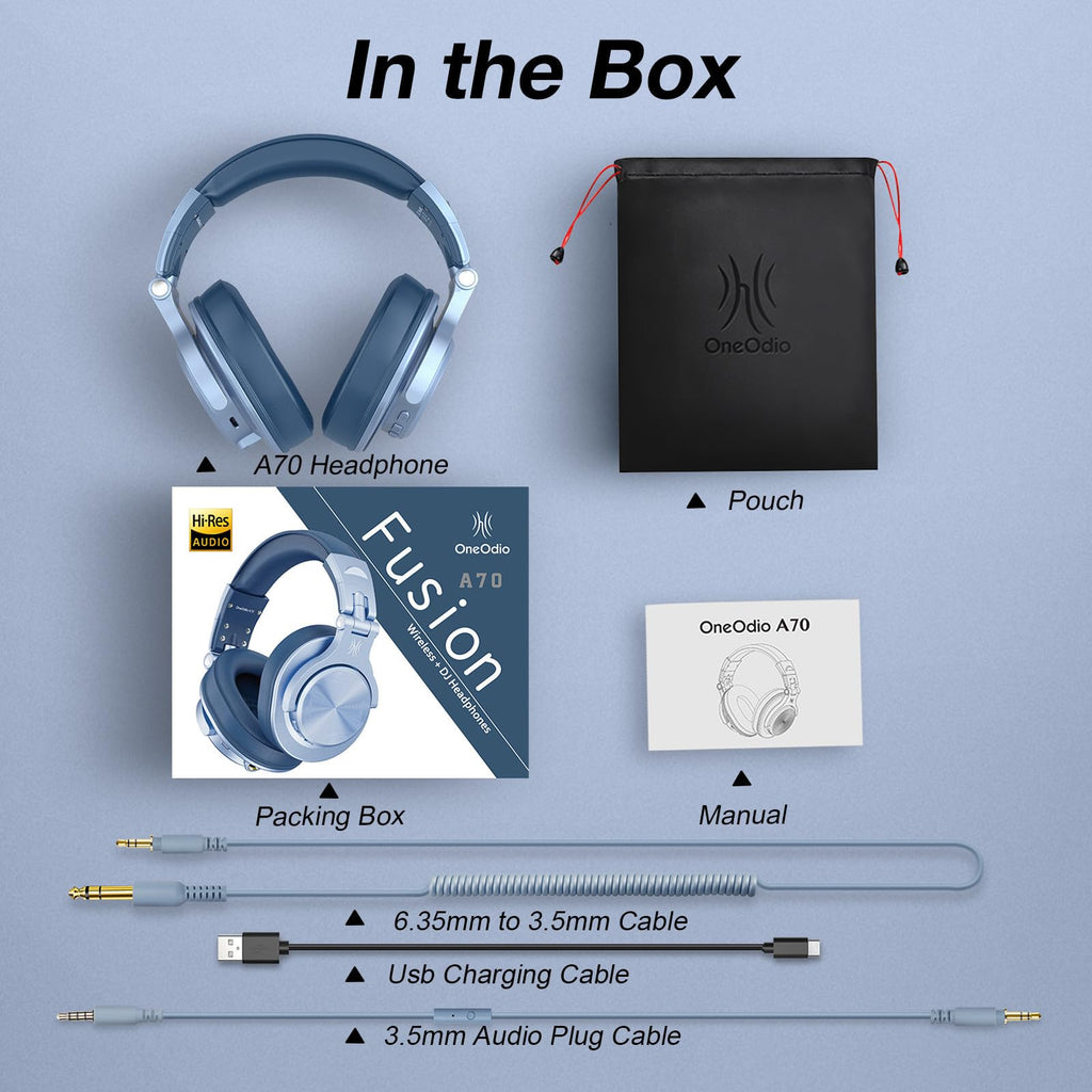 OneOdio A70 Bluetooth Over Ear Headphones, Wireless Headphones with 72H Playtime, Hi-Res, Built-in Mic, 3.5mm/6.35mm Wired Audio Jack for Studio Monitor & Mixing DJ Guitar AMP, Computer Laptop PC