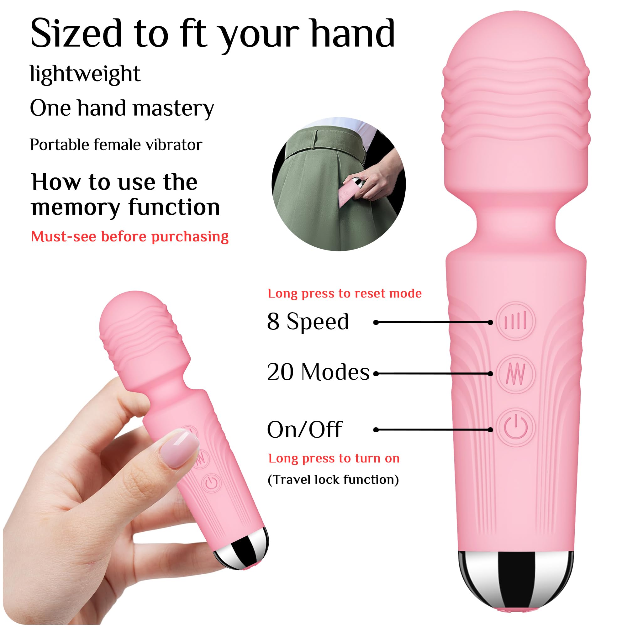 Vibrator Wand,Adult Sex Toy Wand, G Spot Dildo, Clit Vibrator, Sex Vibrators,Clitoris Stimulation,with 8 Speeds & 20 Patterns,Fully Waterproof,Vibrating Wand for her Pleasure (Rose Red)