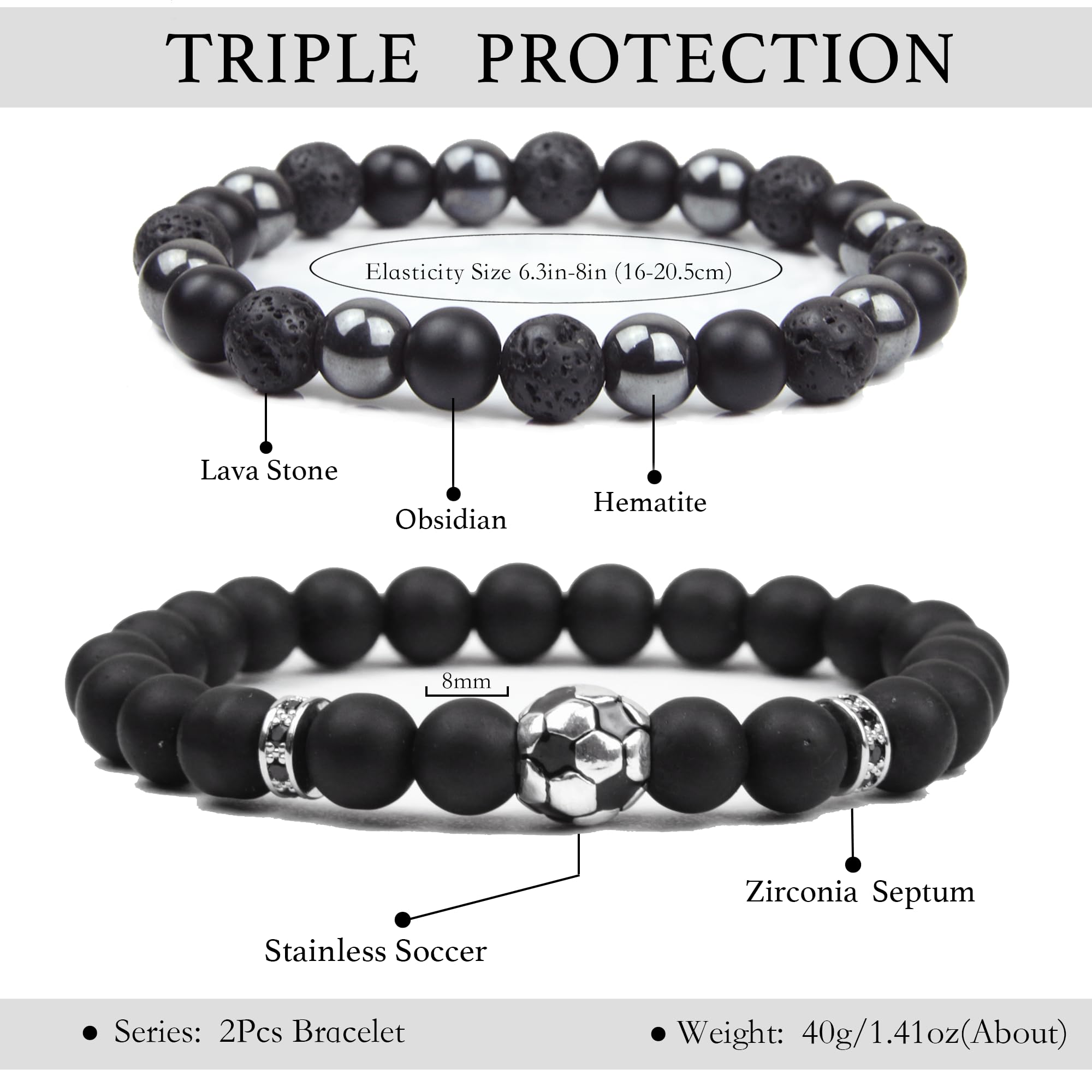 Black Obsidian Bracelet for Men - Black Tourmaline Beaded Bracelets - Mens Bracelet Set 8MM Black Onyx Hematite Lava Stone Beads Triple Protection Bracelet for Men Women Gifts