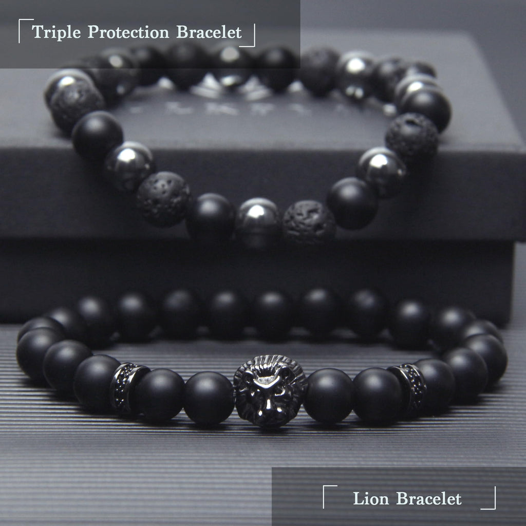 Black Obsidian Bracelet for Men - Black Tourmaline Beaded Bracelets - Mens Bracelet Set 8MM Black Onyx Hematite Lava Stone Beads Triple Protection Bracelet for Men Women Gifts