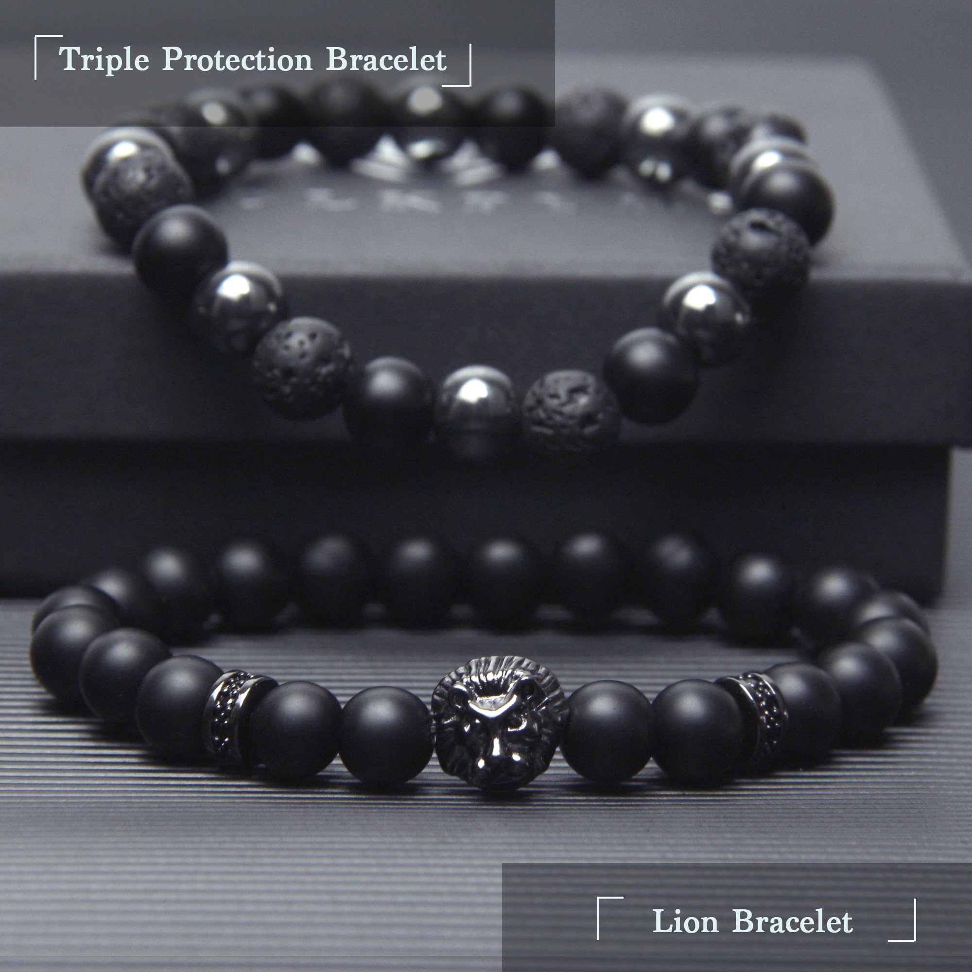 Black Obsidian Bracelet for Men - Black Tourmaline Beaded Bracelets - Mens Bracelet Set 8MM Black Onyx Hematite Lava Stone Beads Triple Protection Bracelet for Men Women Gifts