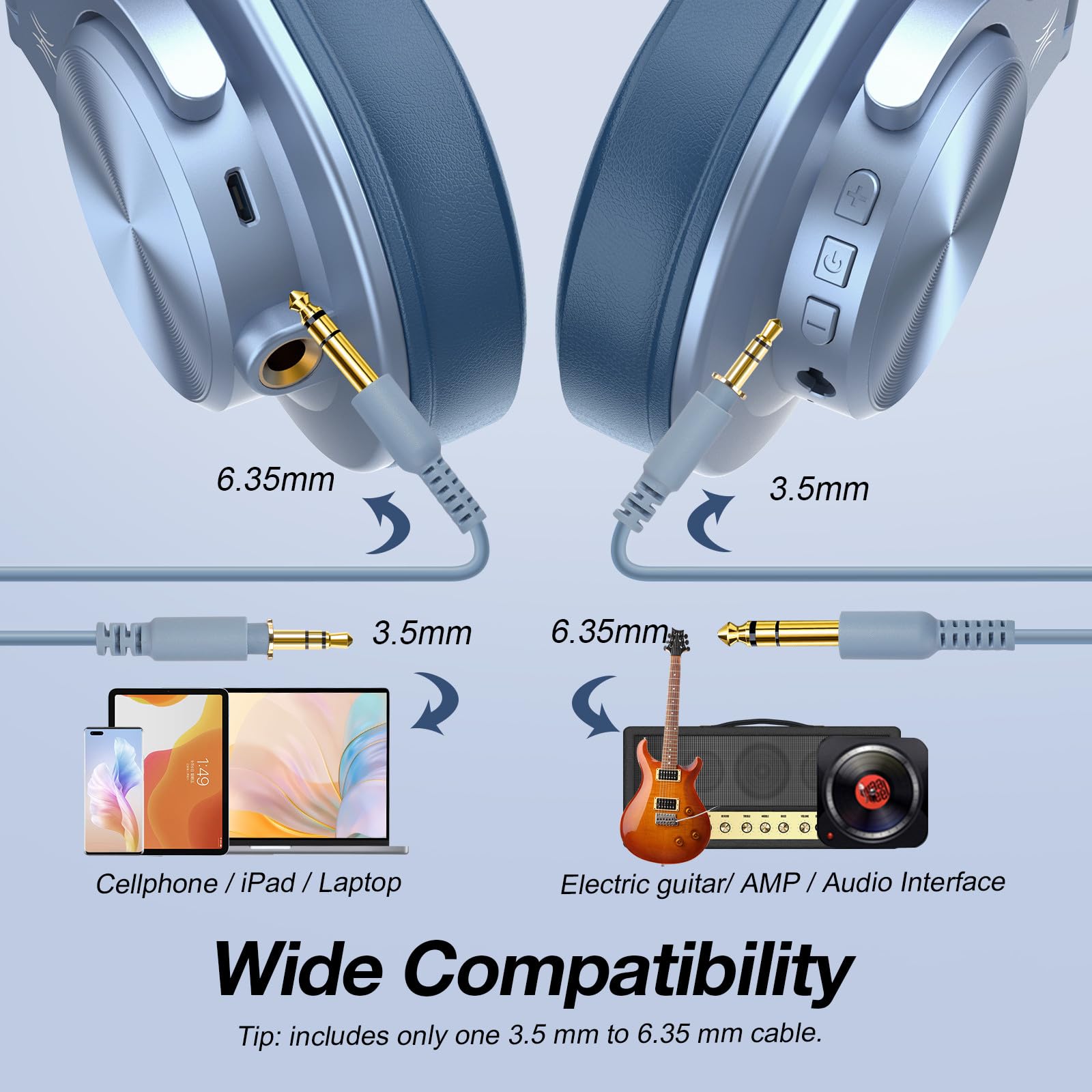 OneOdio A70 Bluetooth Over Ear Headphones, Wireless Headphones with 72H Playtime, Hi-Res, Built-in Mic, 3.5mm/6.35mm Wired Audio Jack for Studio Monitor & Mixing DJ Guitar AMP, Computer Laptop PC