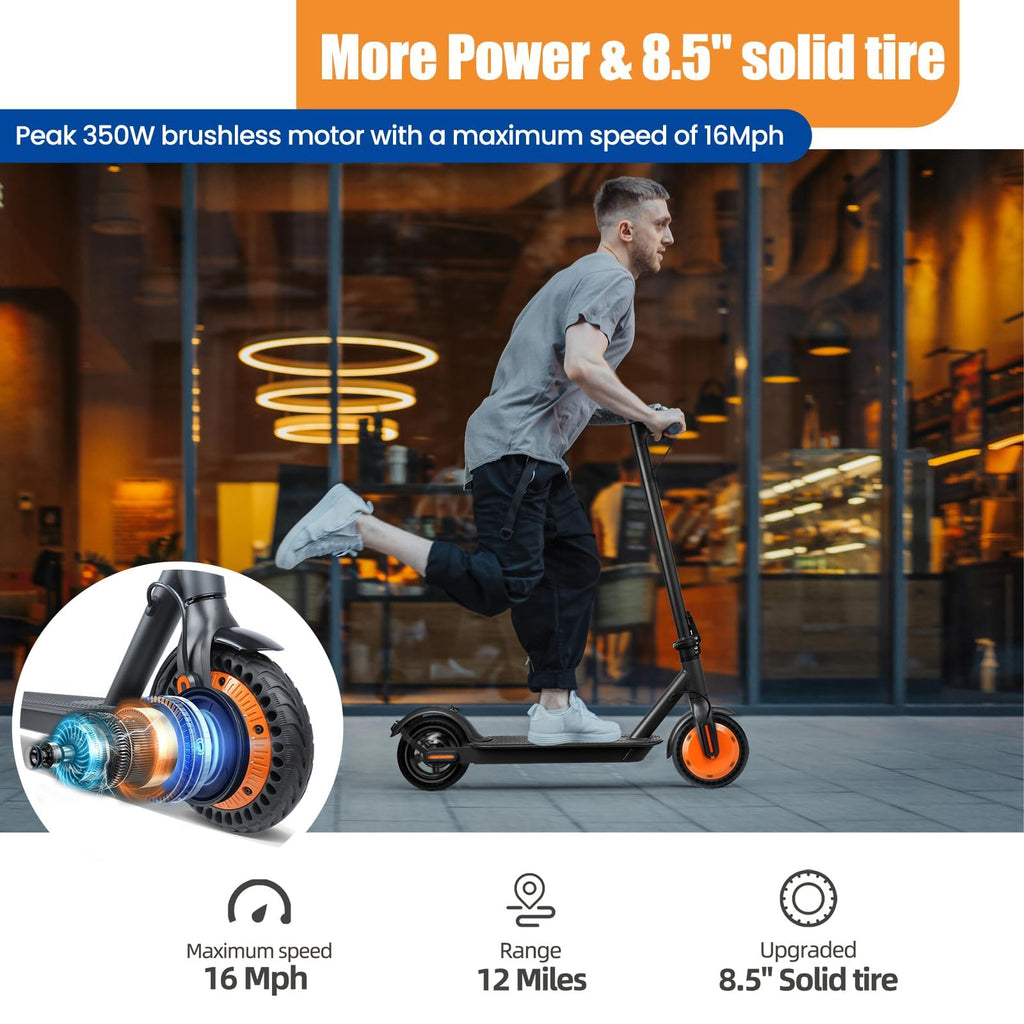 Electric Scooter for Adults, 8.5" Solid Tires, 350/500W Motor, 16/19MPH Max Speed & 12/21 Miles Range, Portable Foldable E-Scooter with Smart APP, Cruise Control, Dual-Brake System（Two Models）