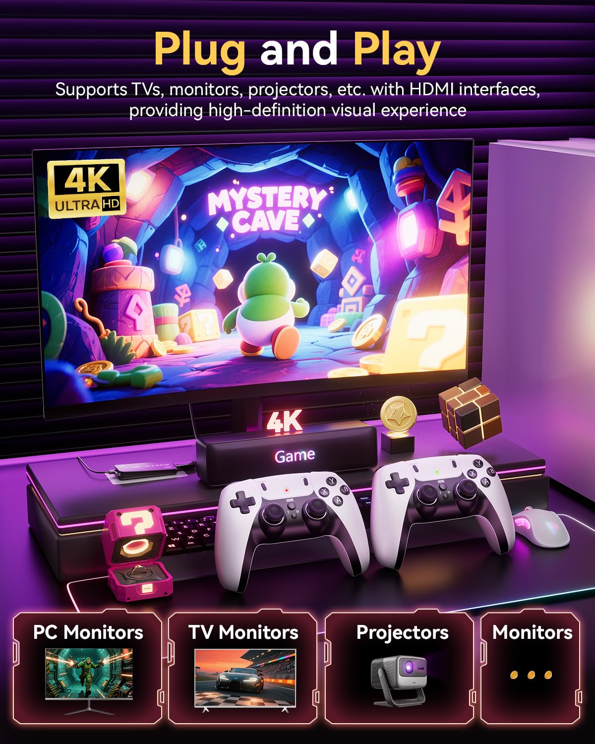 2025 Retro Gaming Console Pro 4K HDMI with 20,000+ Built-in Classic Video Games, Retro Game Stick with 23 Emulators Plug & Play TV Video Gaming Stick with 64GB Memory