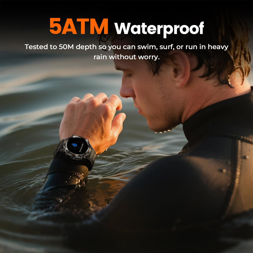 WalkerFit Smart Watch for Men, 1.43" Round AMOLED, 5ATM Waterproof, Heart Rate & Sleep Monitor,Long Battery,Outdoor Fitness Activity Tracker,Voice Control&Bluetooth Call,Compatible with iPhone Android